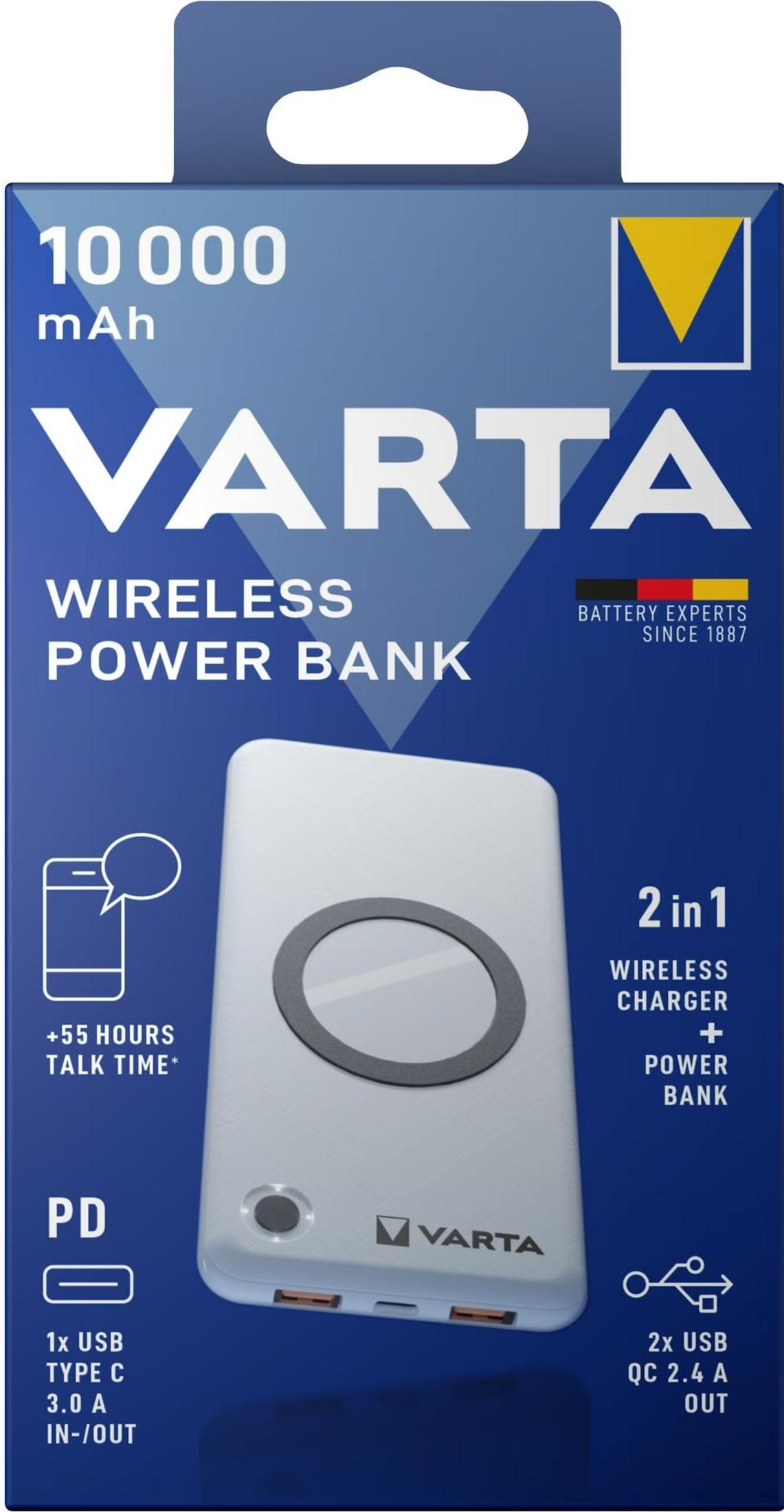 Varta 10000 mAh kabellose Powerbank mit Ladeanzeige und USB-Anschlüssen.