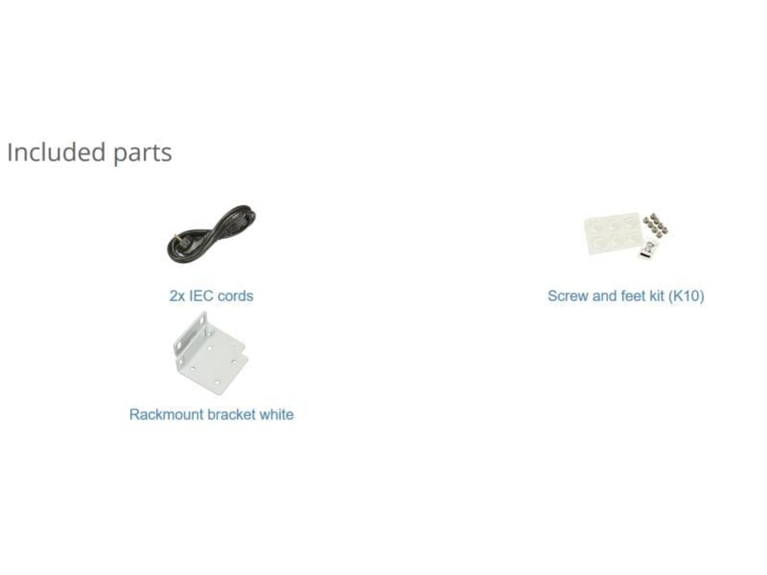 2x kable IEC, biały wspornik montażowy, zestaw śrub.