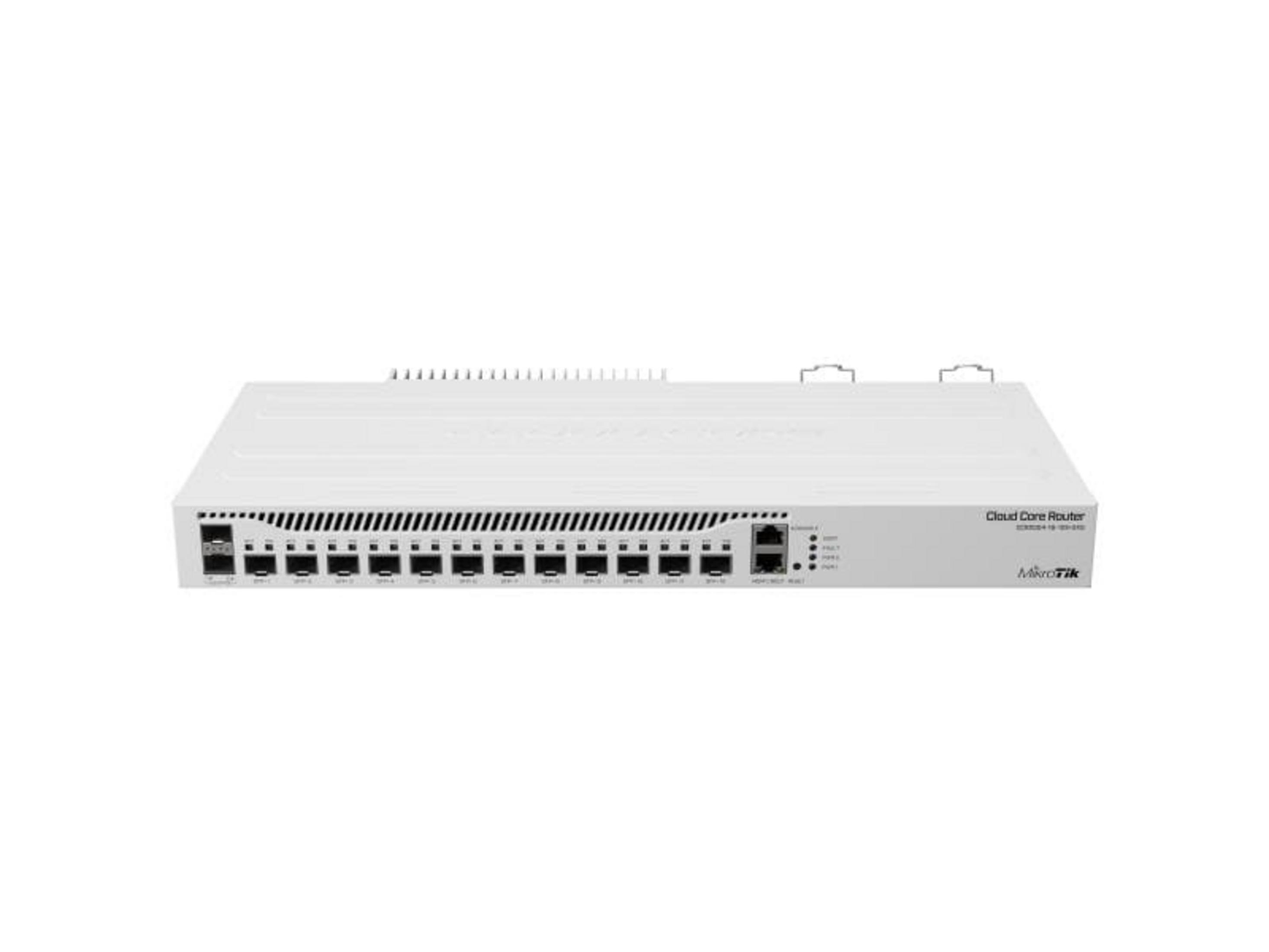 Biały router Cloud Core z wieloma portami Ethernet i logo Mikrotik.
