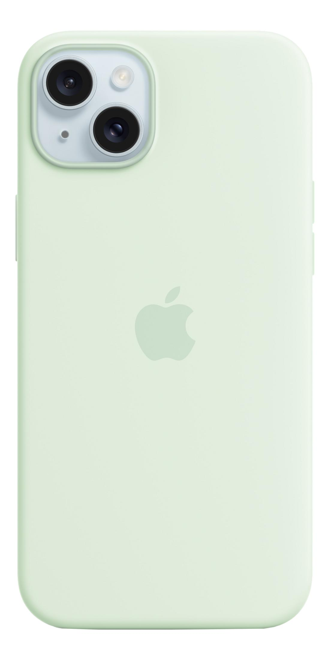 Een lichtgroene iPhone met Apple logo en dubbele camera.