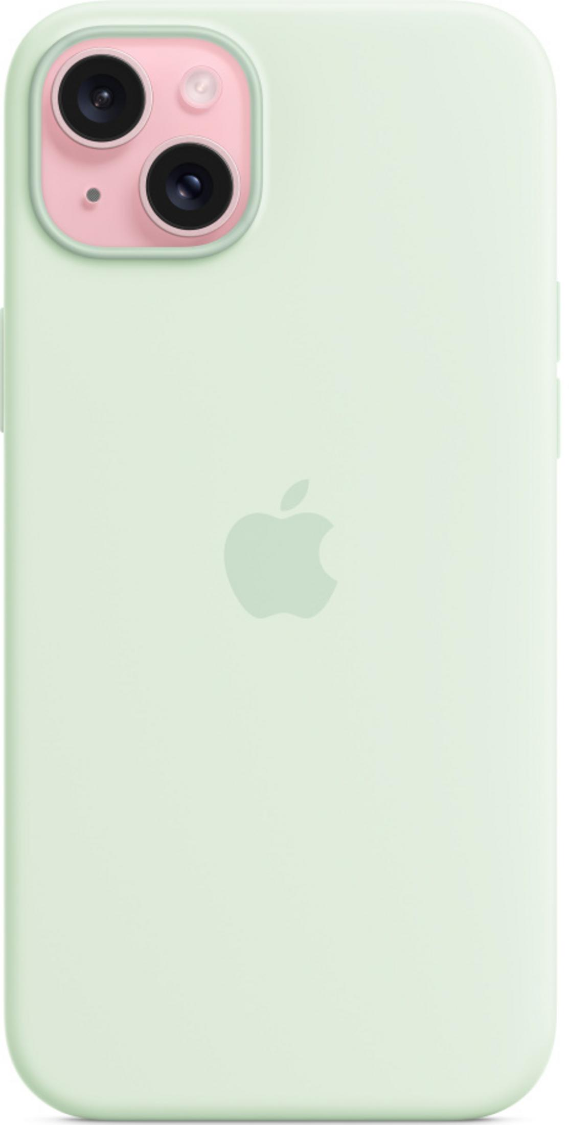 Een lichtgroene iPhone met roze camerabehuizing en Apple-logo.