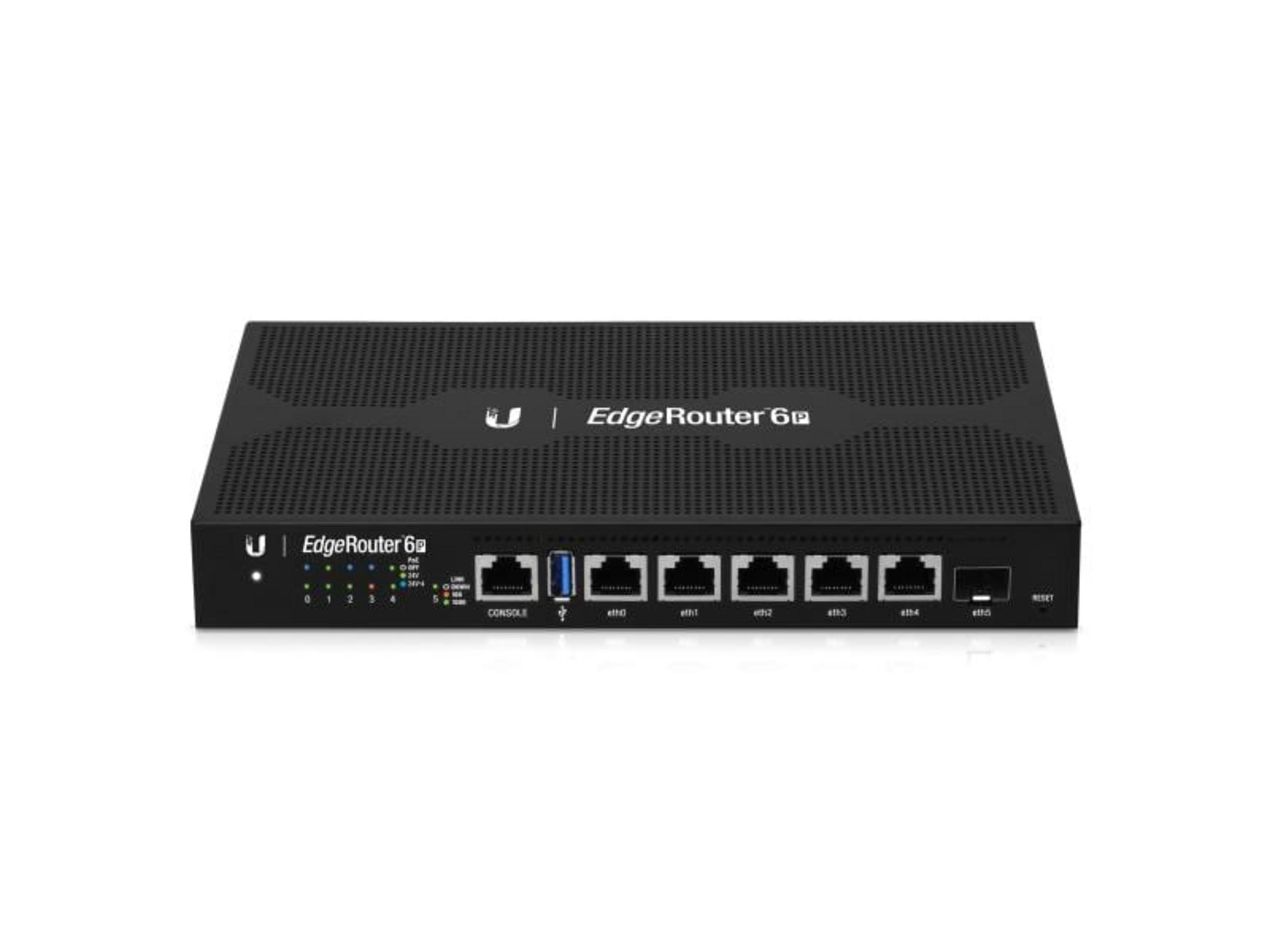 Router nero con porte Ethernet, USB e pulsante di reset.