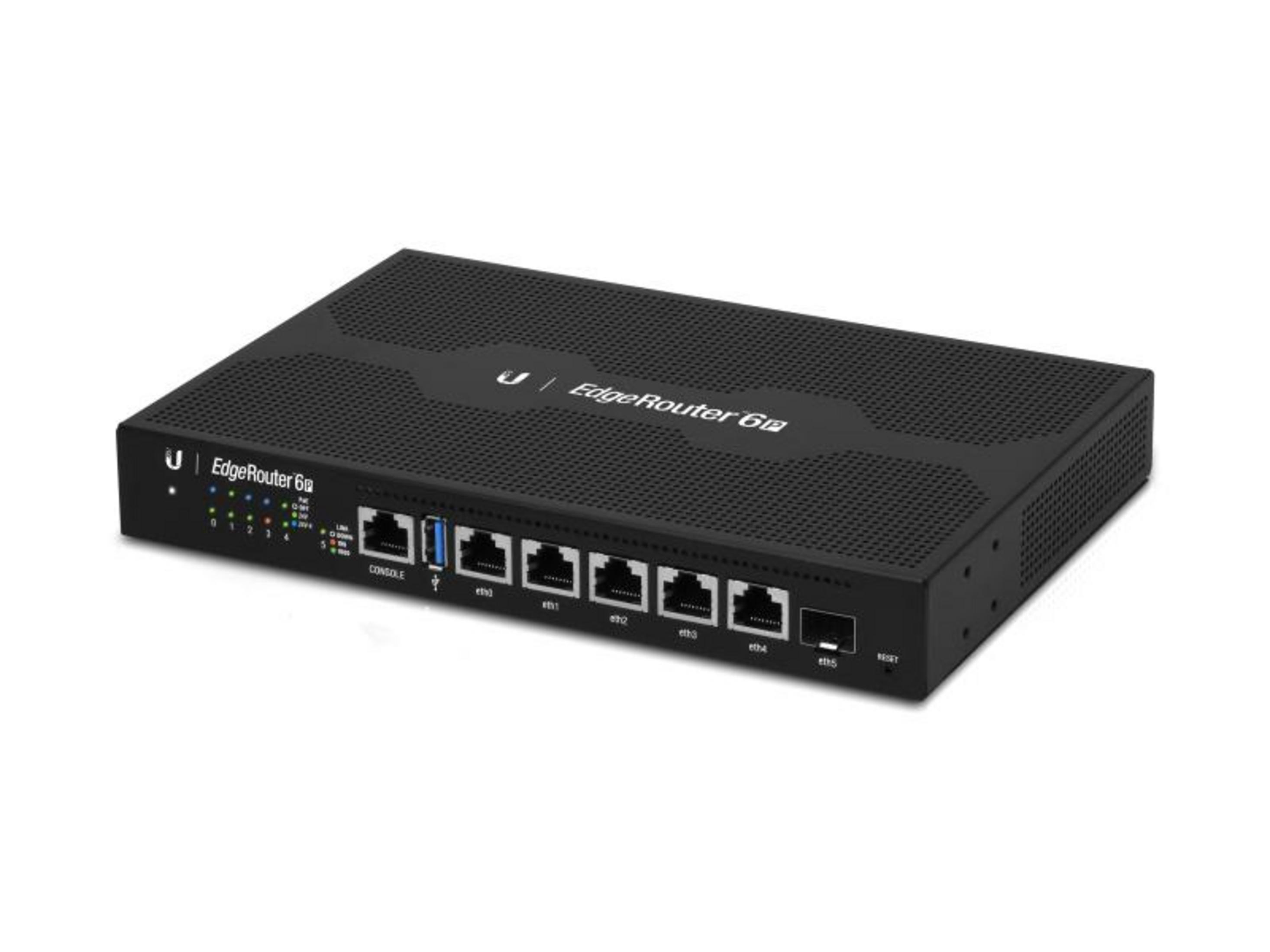 Router nero con porte e luci sul davanti.