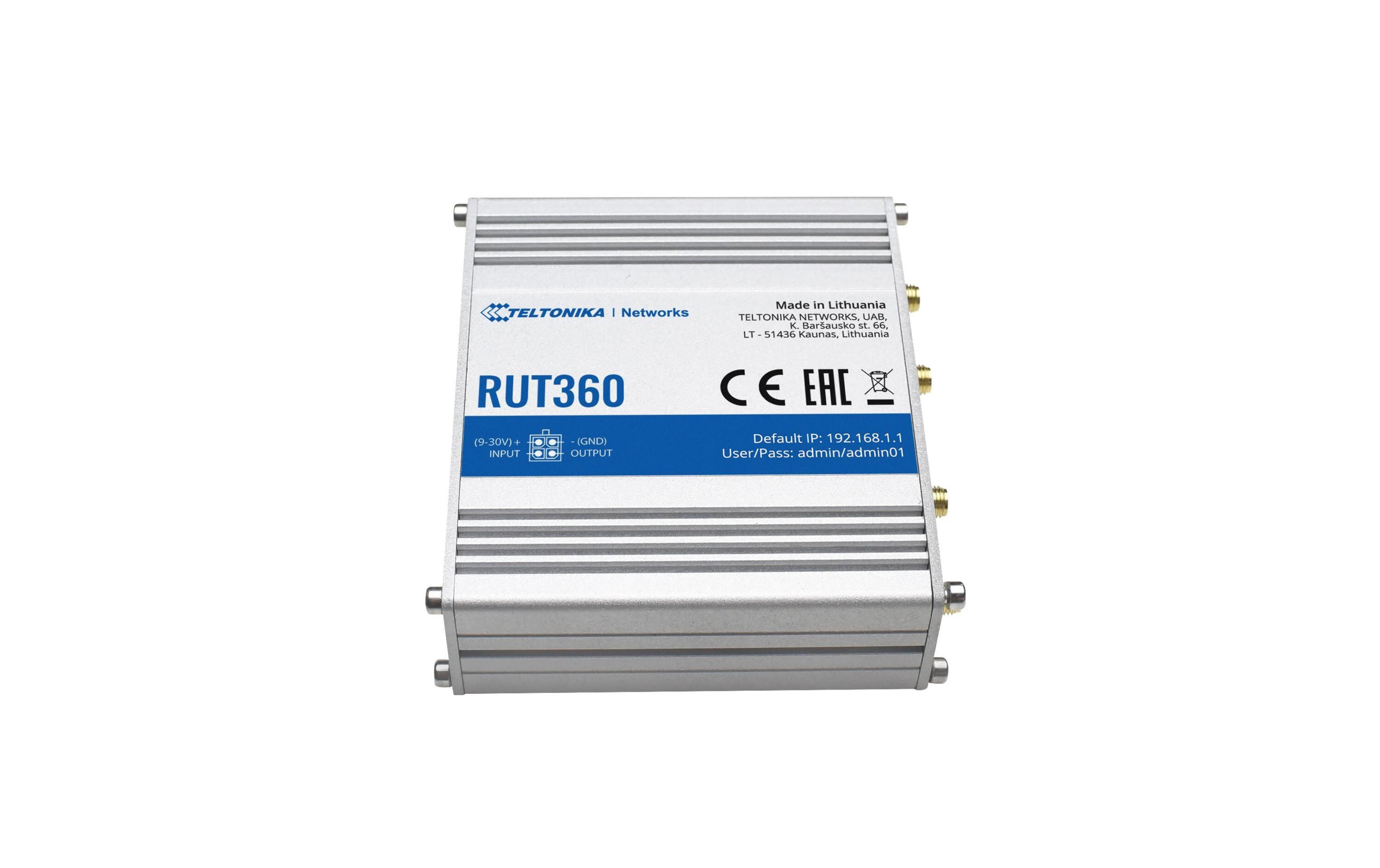 Router Teltonika RUT360 con marchi CE/EAC e porte.