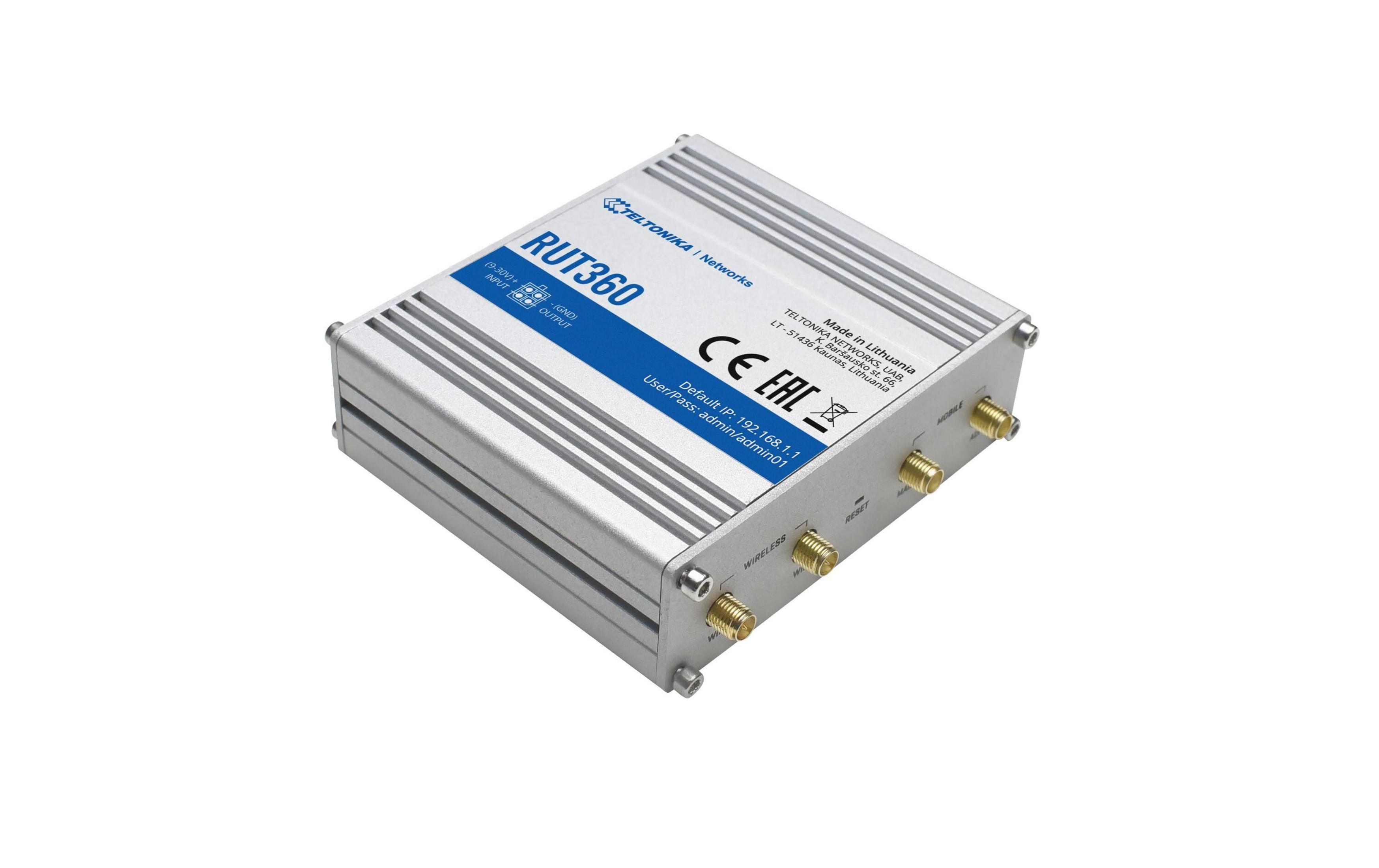 Router Teltonika RUT360 argentato con porte ed etichette.