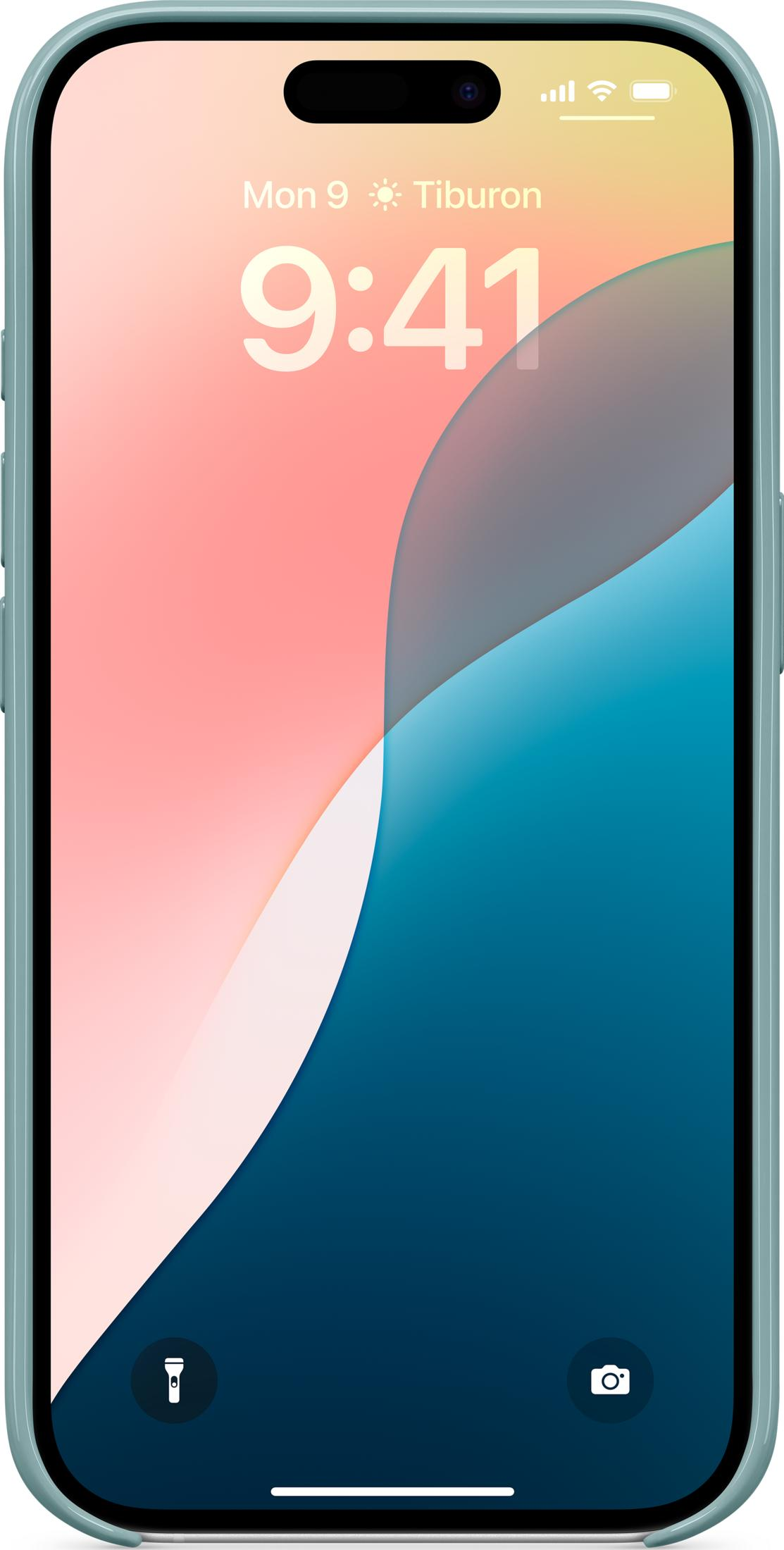 Een smartphone toont 9:41 op een pastelkleurige achtergrond met blauw golfpatroon.