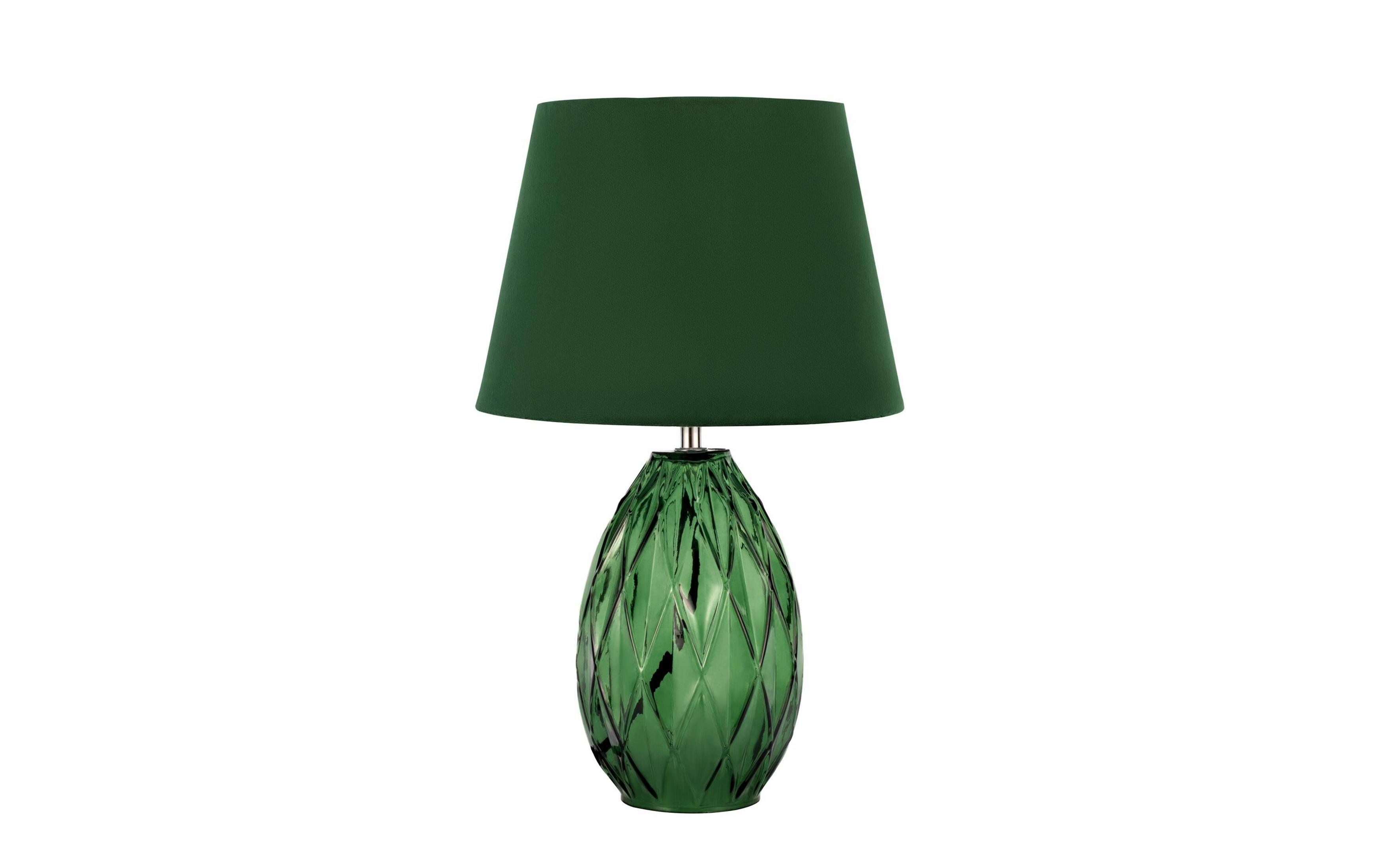 Zielona szklana lampa z romboidalnym wzorem i pasującym abażurem.