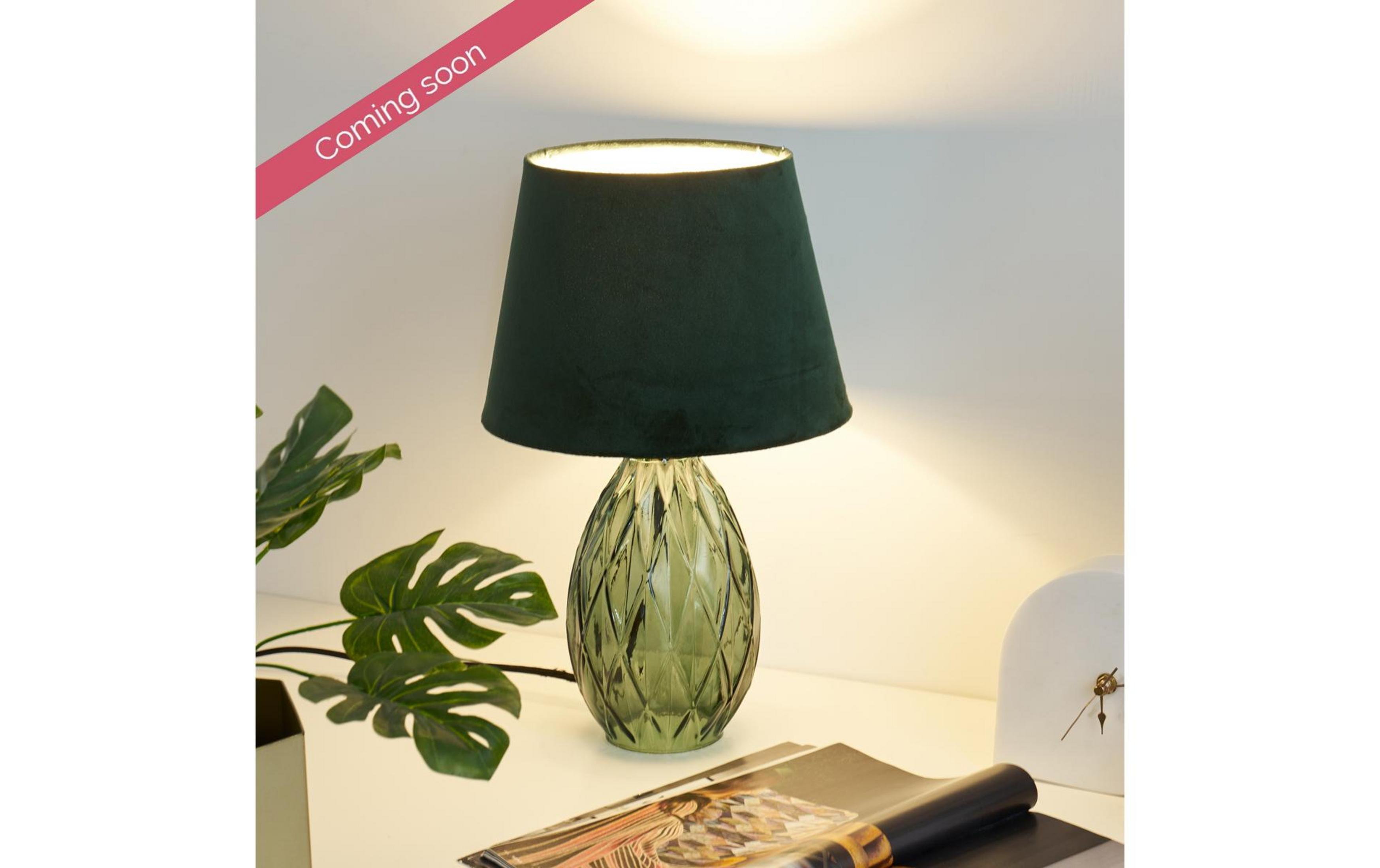 Zielona lampa z fakturowaną podstawą i ciemnym kloszem, obok rośliny.