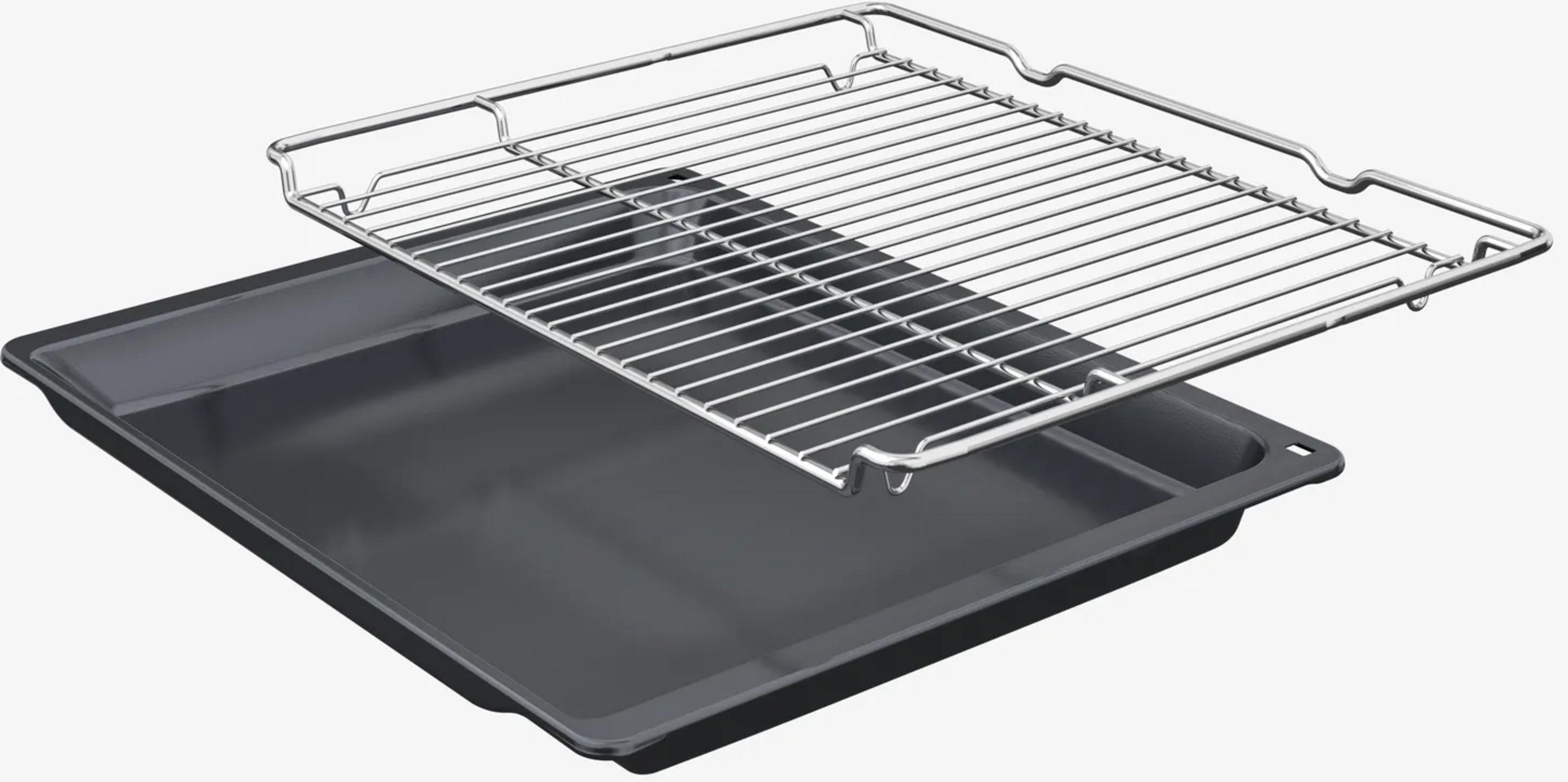 Une grille métallique brillante repose sur une plaque de cuisson noire mate.