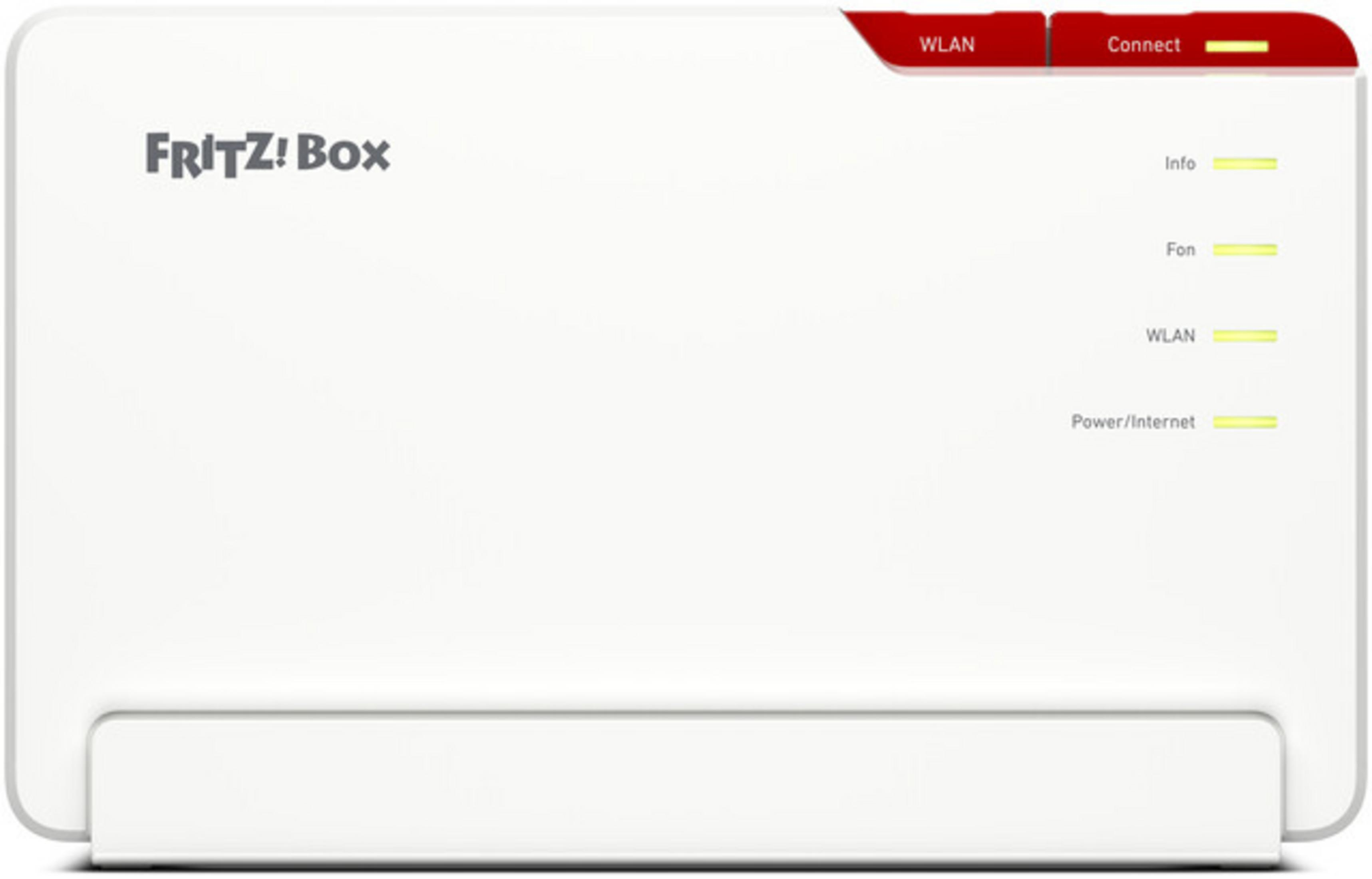 Biały router FRITZ!Box z podświetlonymi diodami LED.