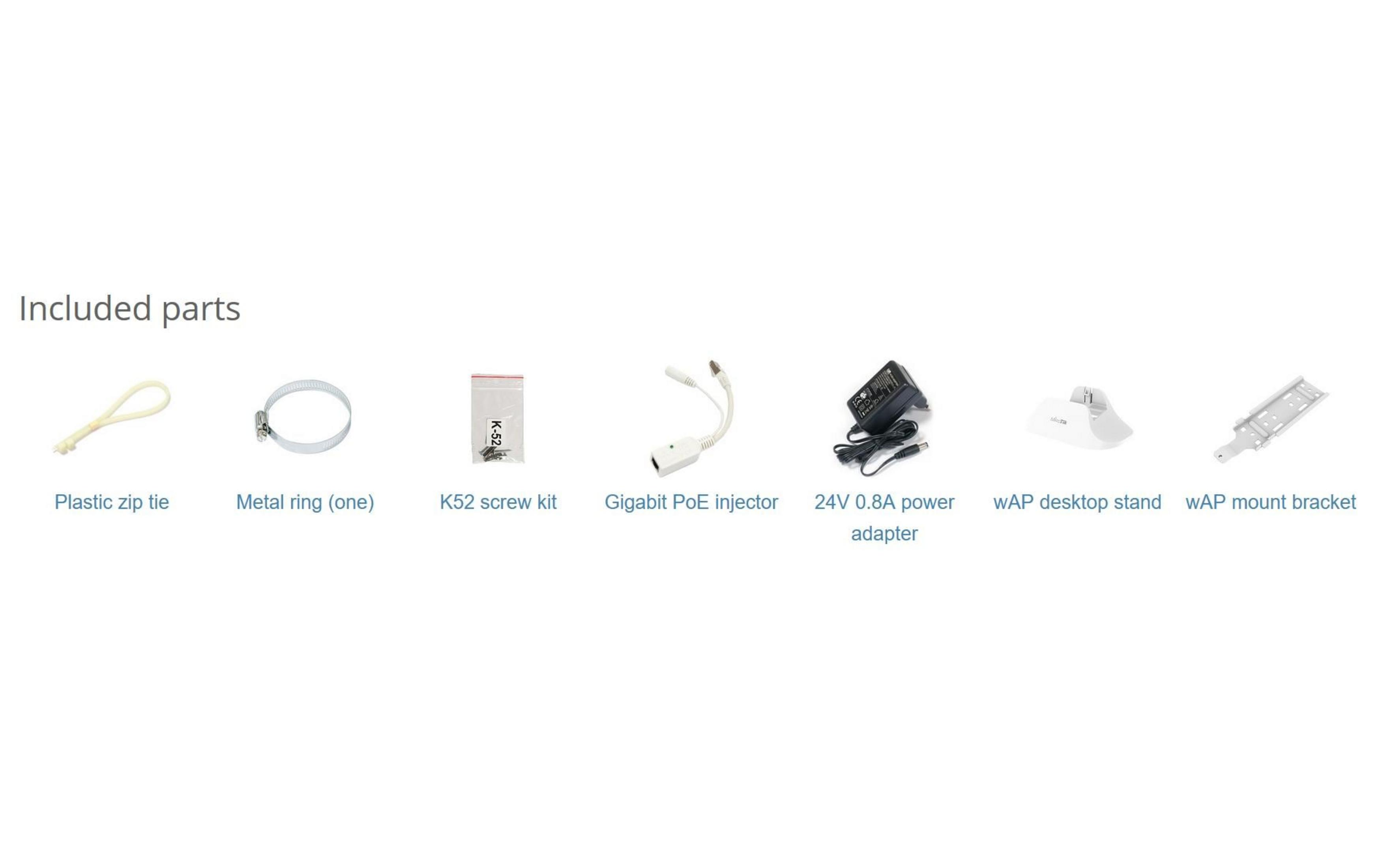 Dołączone części: opaska kablowa, pierścień metalowy, zestaw śrub, wstrzykiwacz PoE, zasilacz, stojak, uchwyt.