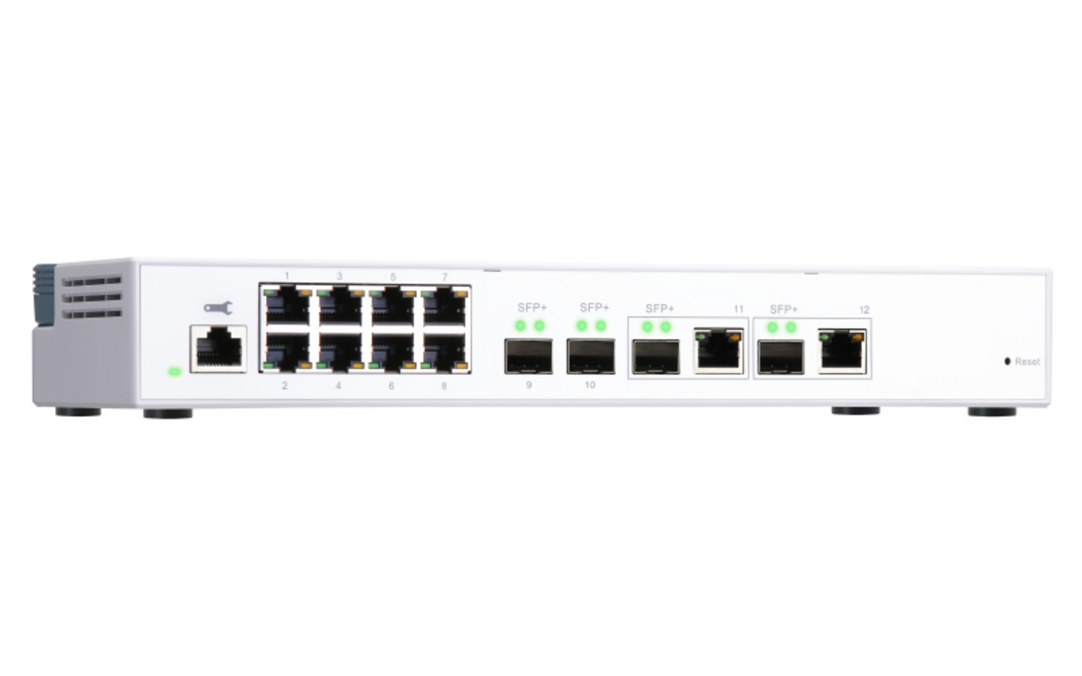 Biały przełącznik sieciowy z 8 portami Ethernet i 4 portami SFP+.