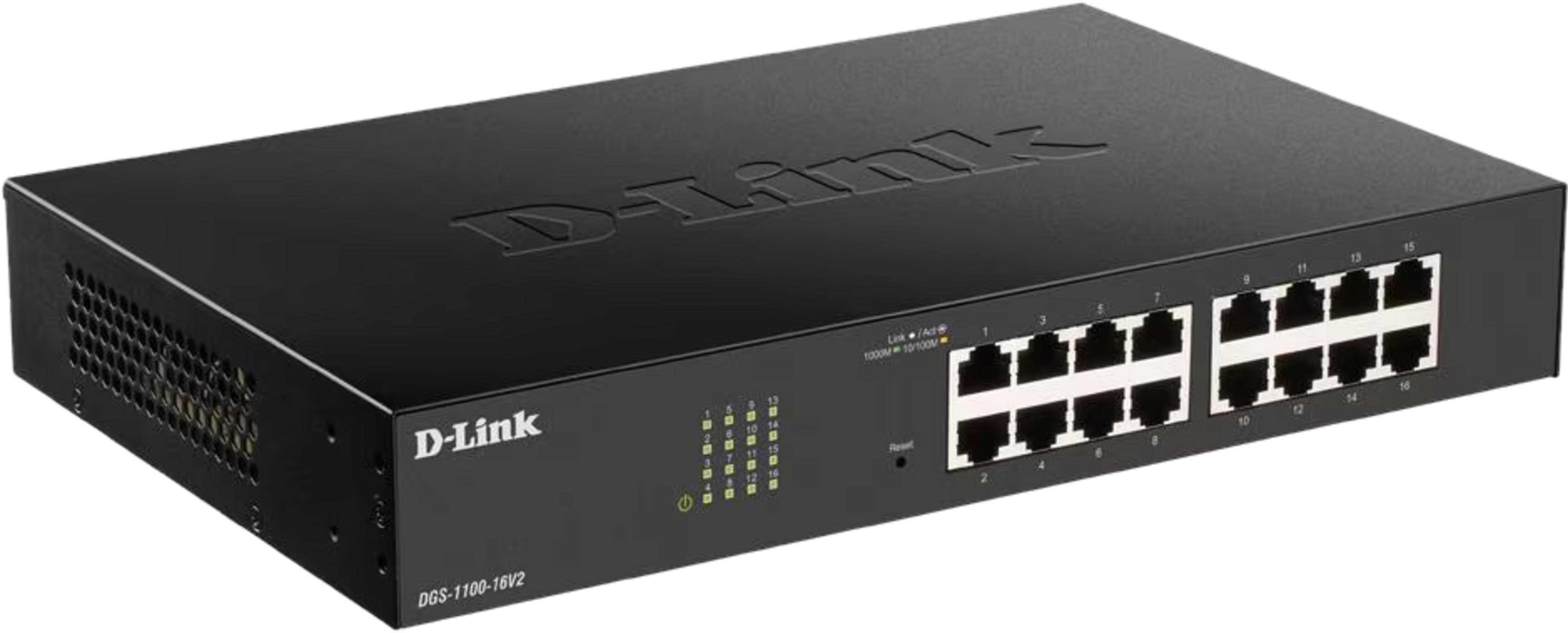 Uno switch di rete D-Link nero a 16 porte con porte Ethernet e spie di stato.