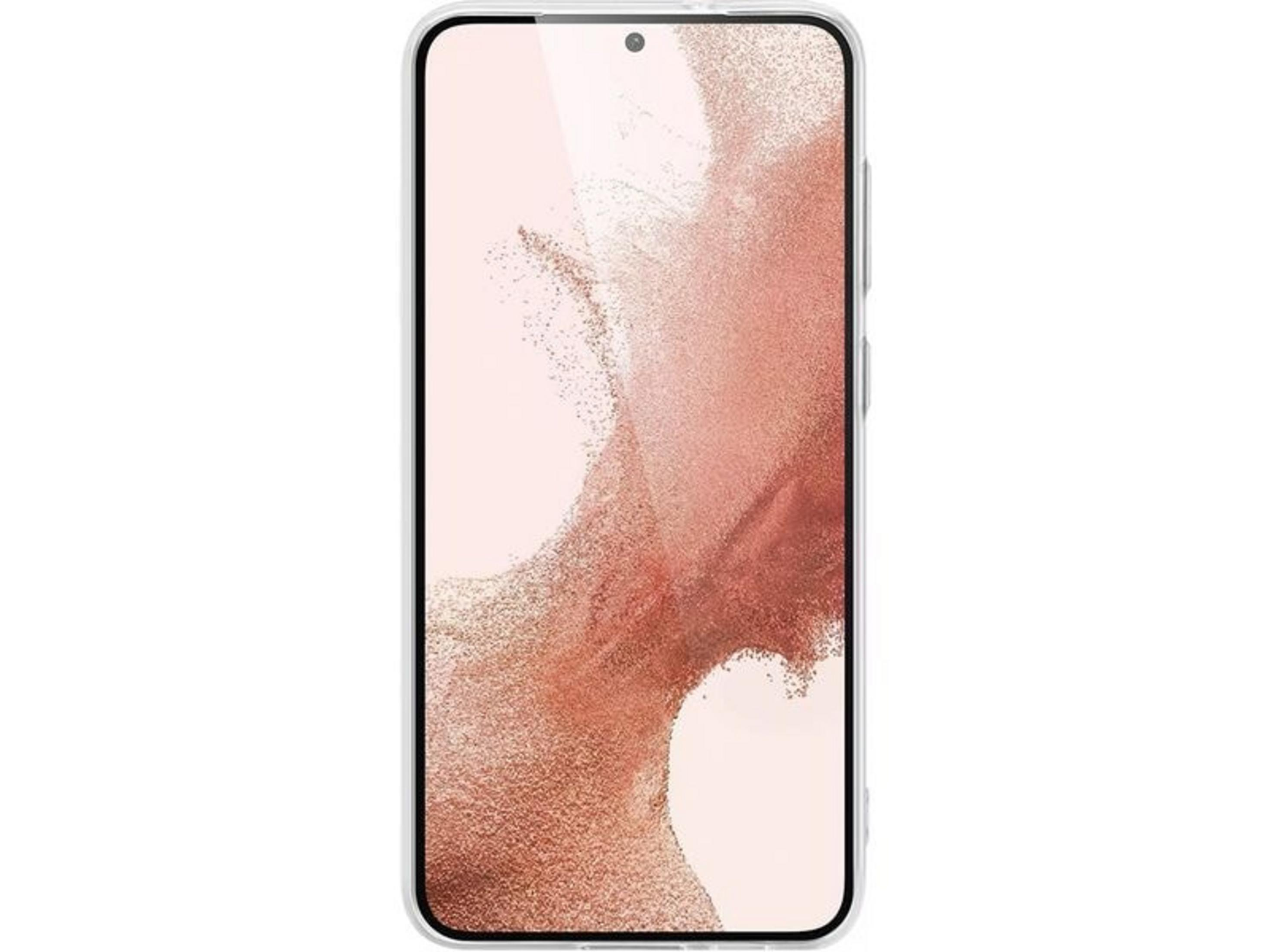 Una custodia trasparente per telefono con sfondo rosa glitterato. Fotocamera frontale visibile.