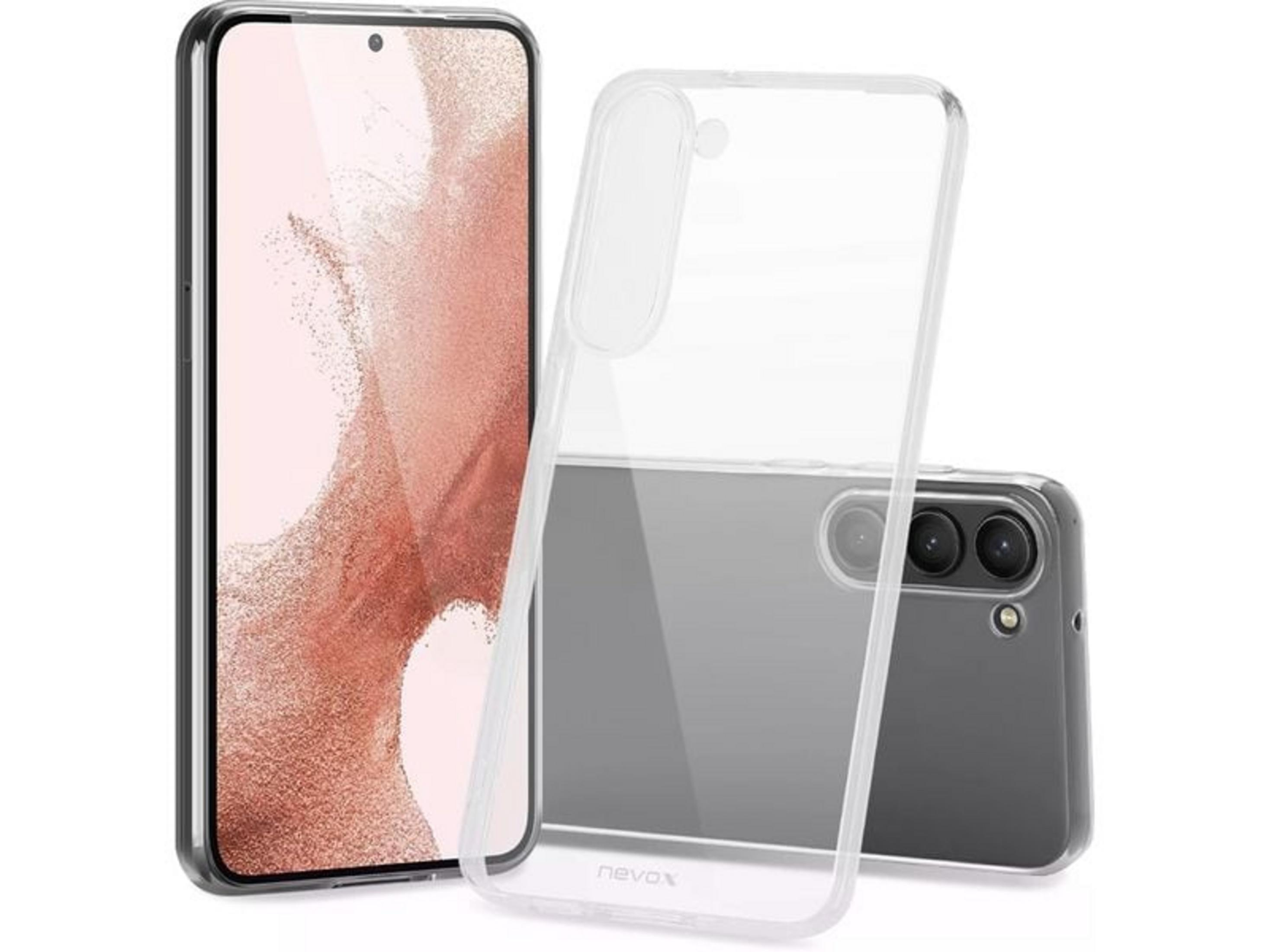 Una cover trasparente per telefono giace accanto a uno smartphone con sfondo rosa.