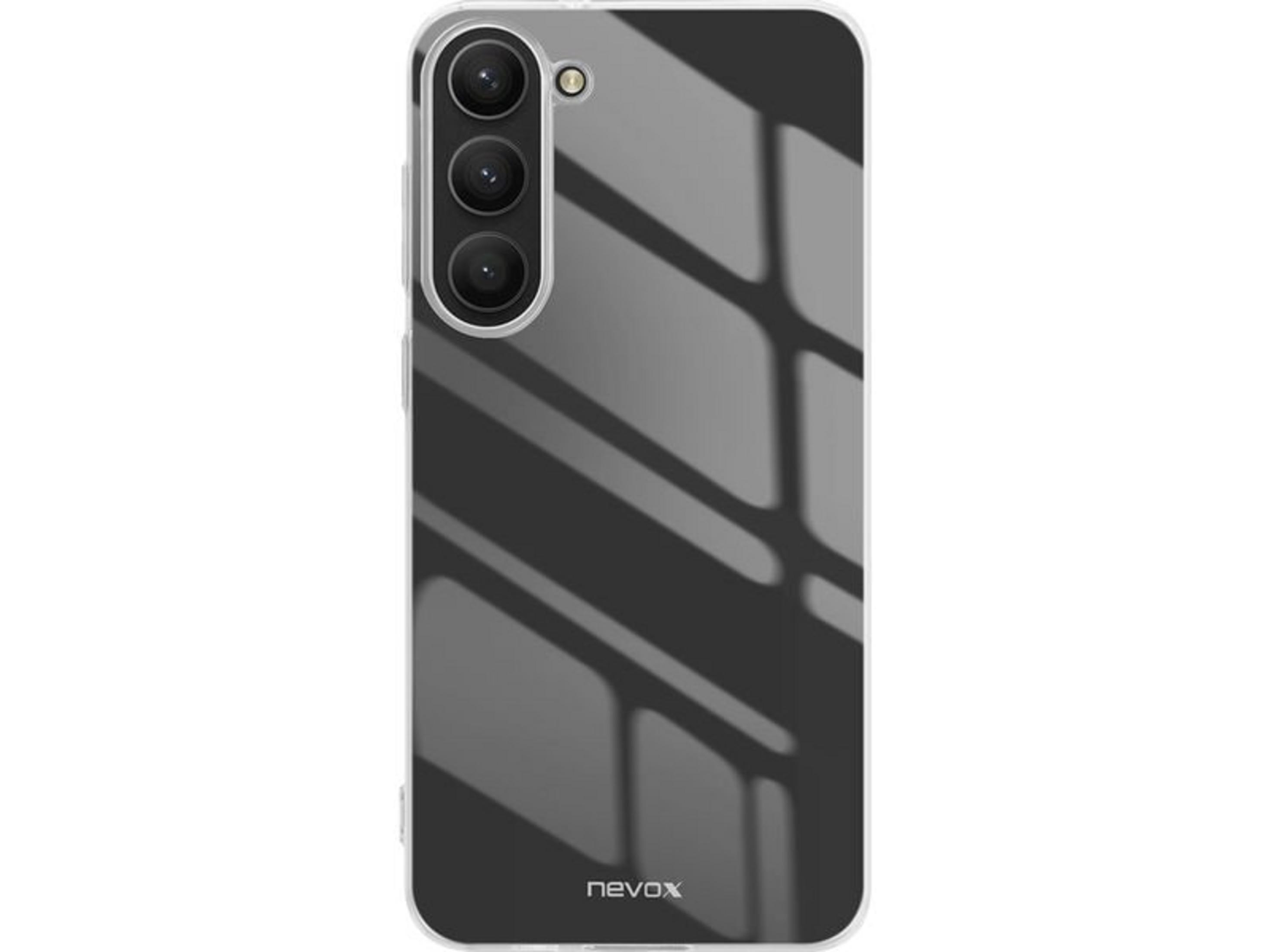 Custodia trasparente per telefono con tre fotocamere e logo 'nevox'.