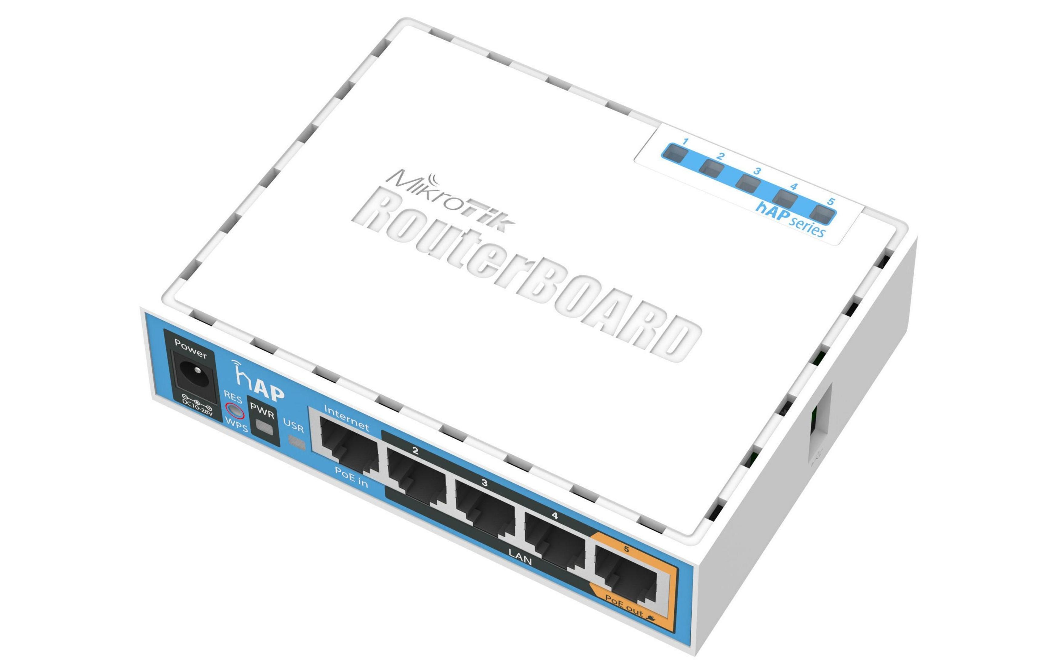 Biały MikroTik RouterBOARD HAP z portami Ethernet i diodami LED.