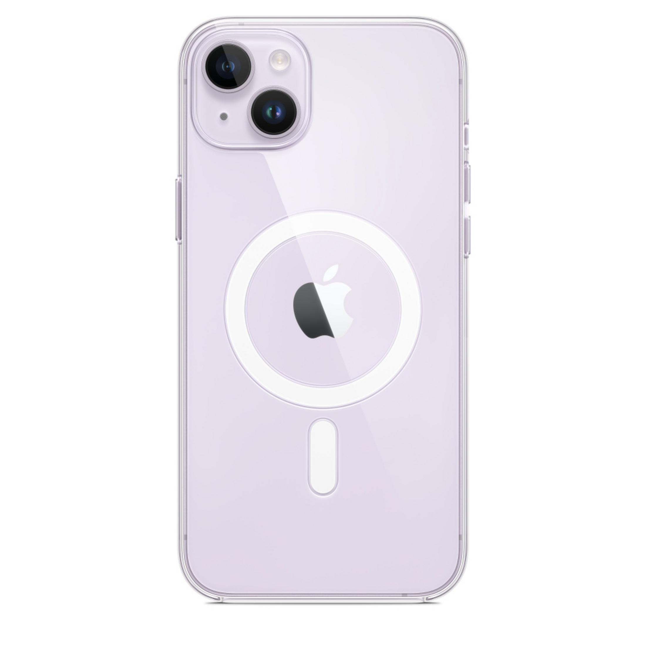 Ein lila iPhone mit einem durchsichtigen Gehäuse und dem Apple-Logo auf der Rückseite.