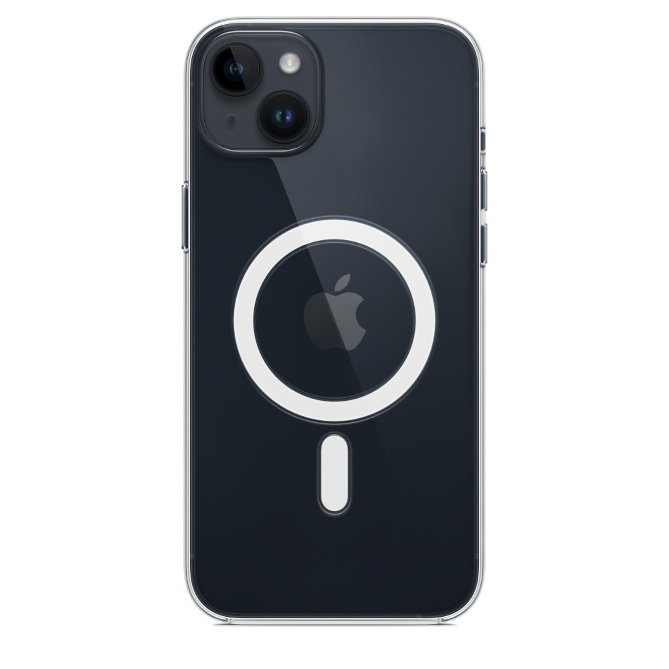 Dunkelgraues iPhone mit MagSafe-Ring und Apple-Logo auf der Rückseite.