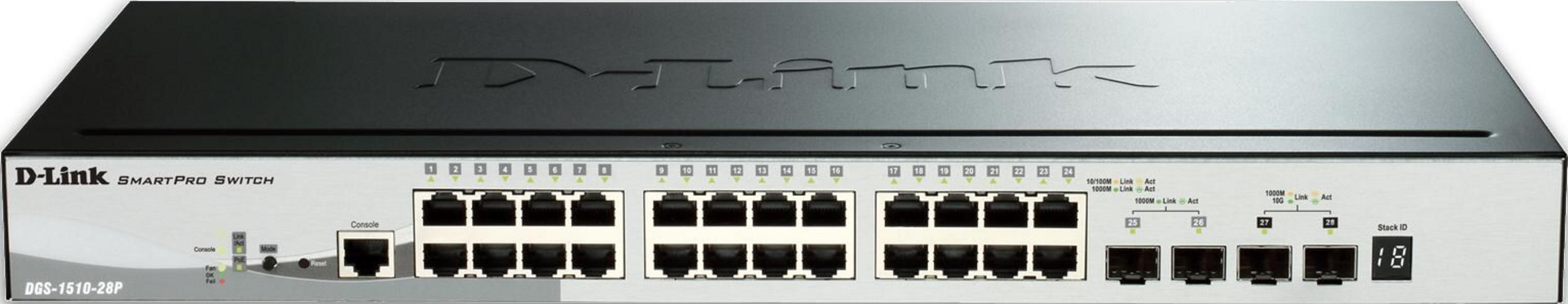 Uno switch D-Link Smartpro a 28 porte, con porta console e indicatori LED.