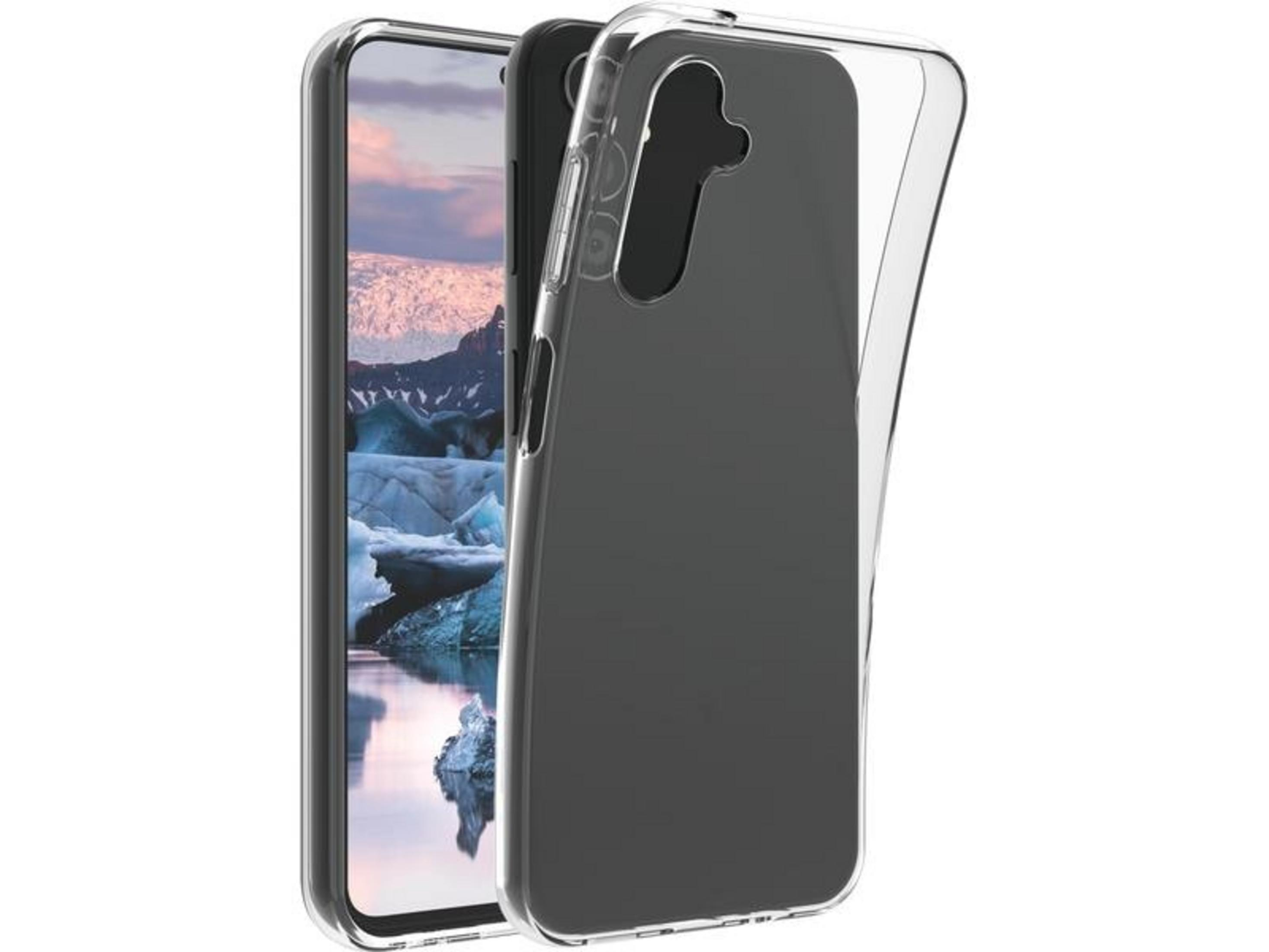 Ein transparenter Handyhülle liegt neben einem Smartphone mit Berglandschaft.