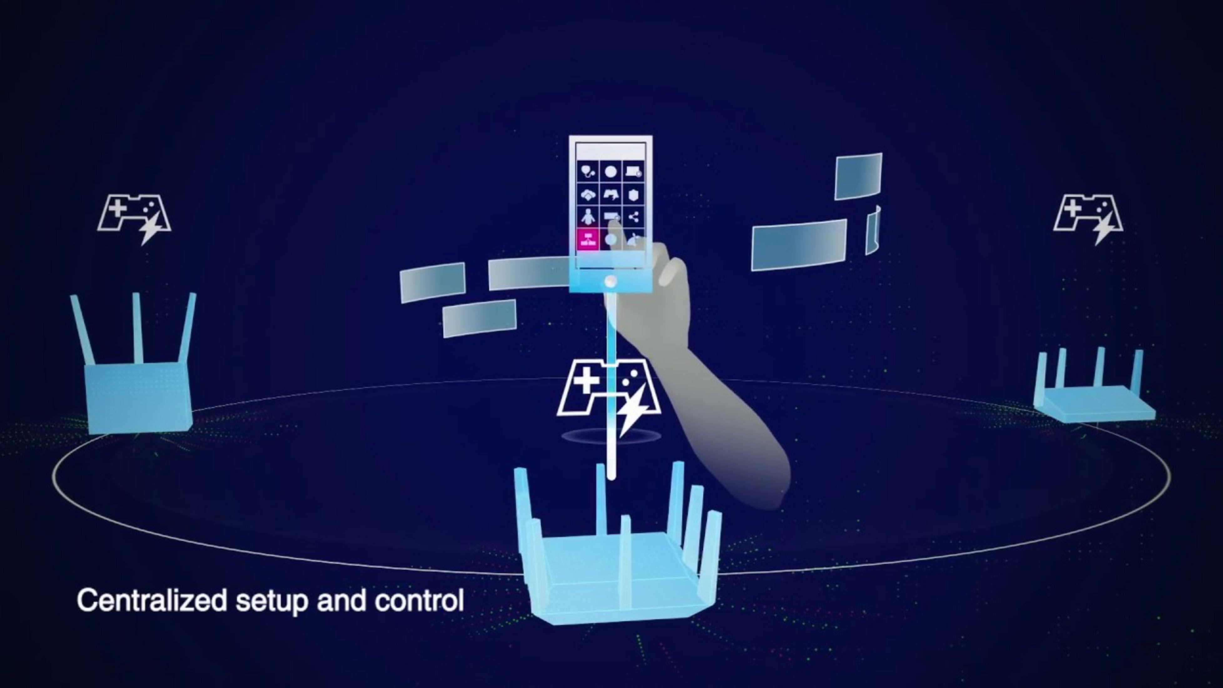 Telefon steruje trzema jasnoniebieskimi routerami w celu utworzenia sieci.