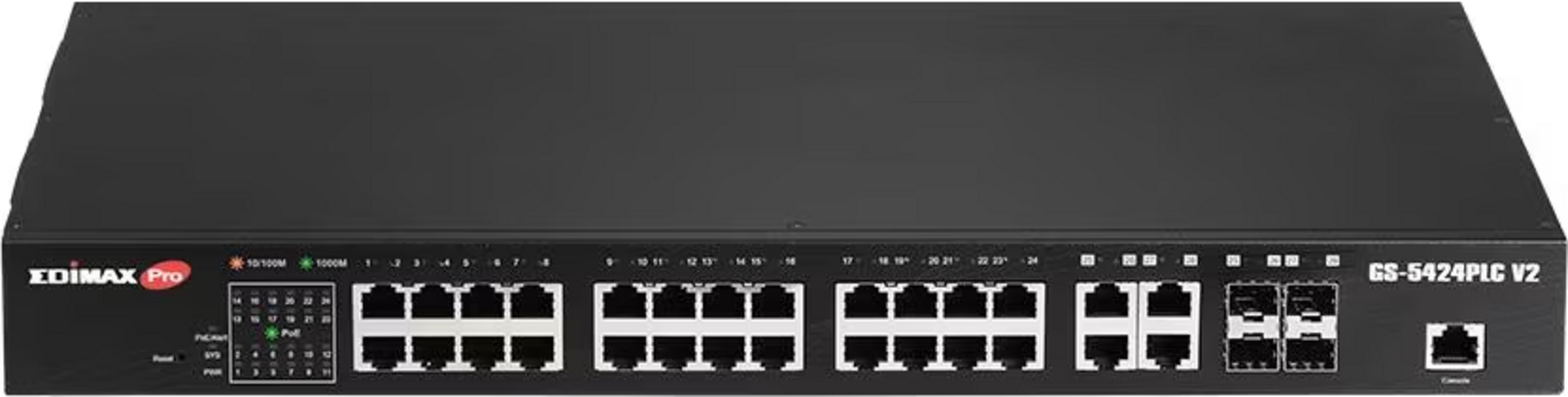 Czarny przełącznik sieciowy Edimax Pro GS-5424PLC V2 z 24 portami.