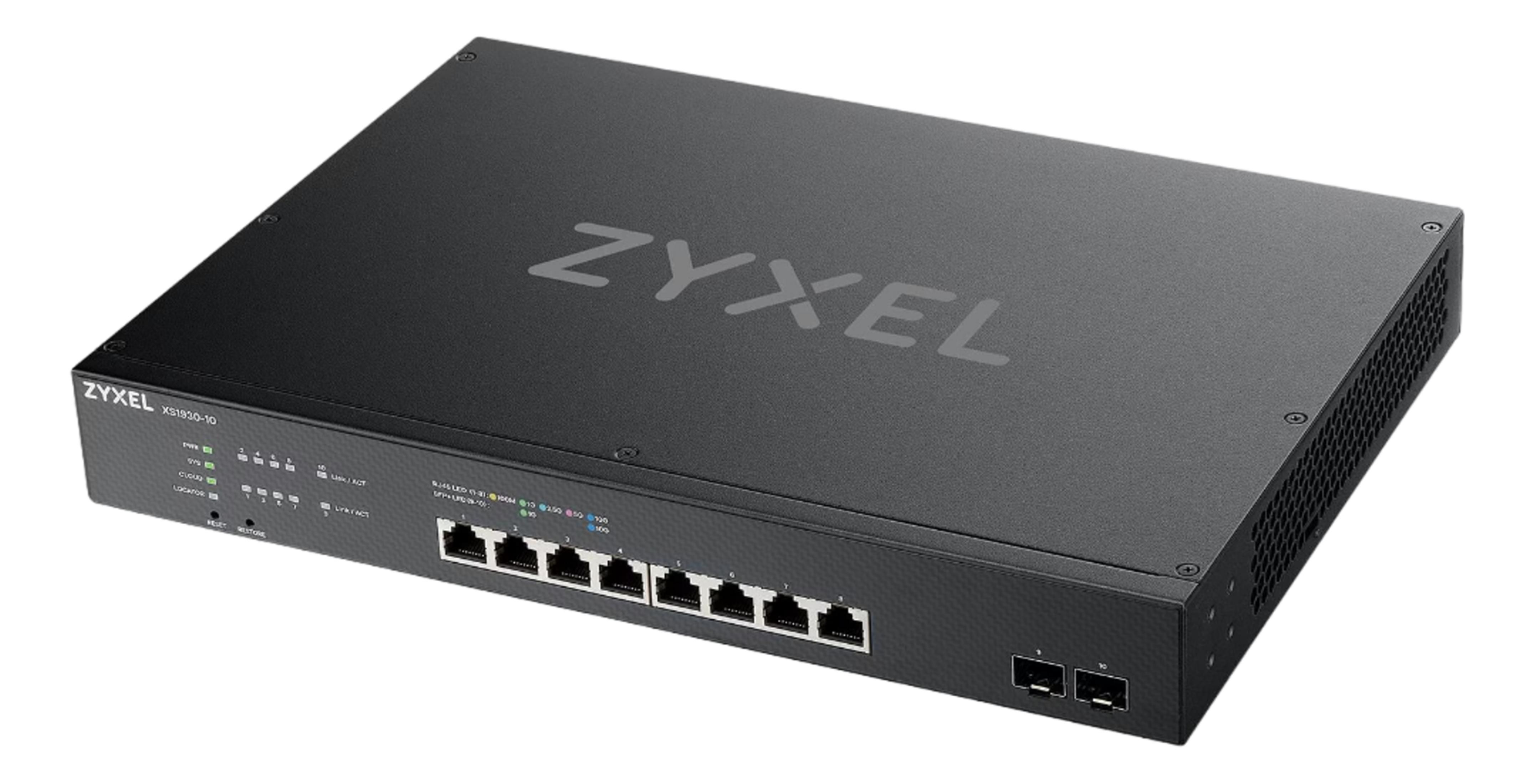 Czarny przełącznik sieciowy Zyxel XS1930-10 z wieloma portami.