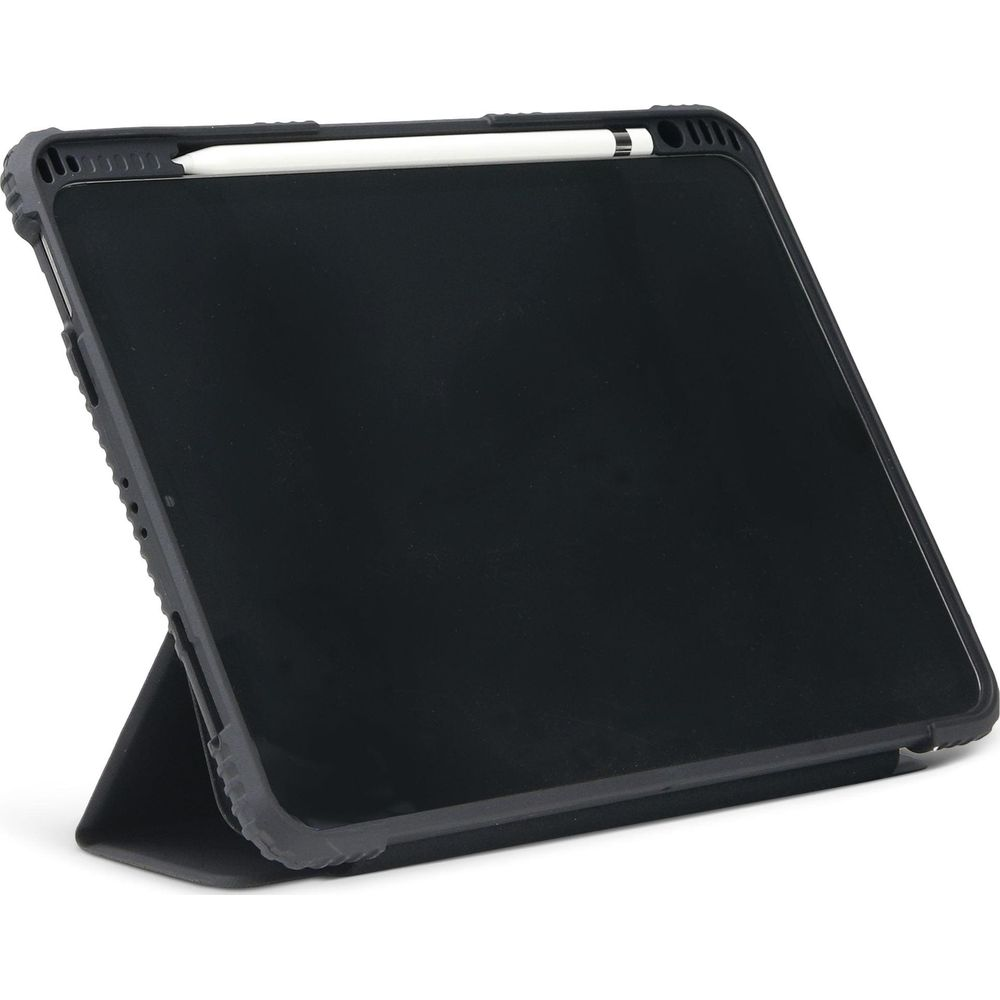 Une tablette noire avec support pour stylet dans un étui.