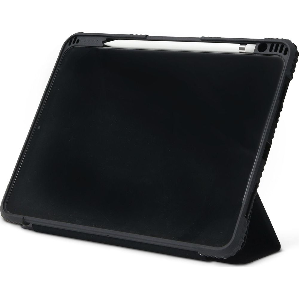 Tablette noire dans un étui de protection avec un stylet attaché en haut.