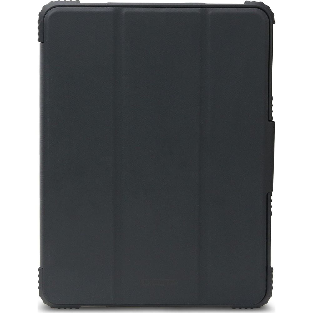 Étui pour tablette gris foncé avec couverture avant pliée et coins renforcés.