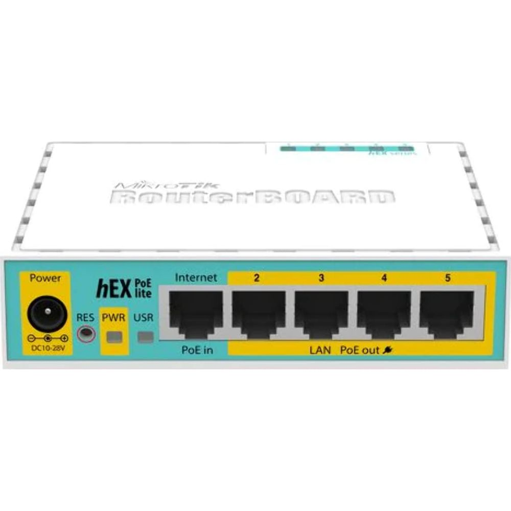 Un router Mikrotik bianco con porte per alimentazione, internet e LAN.