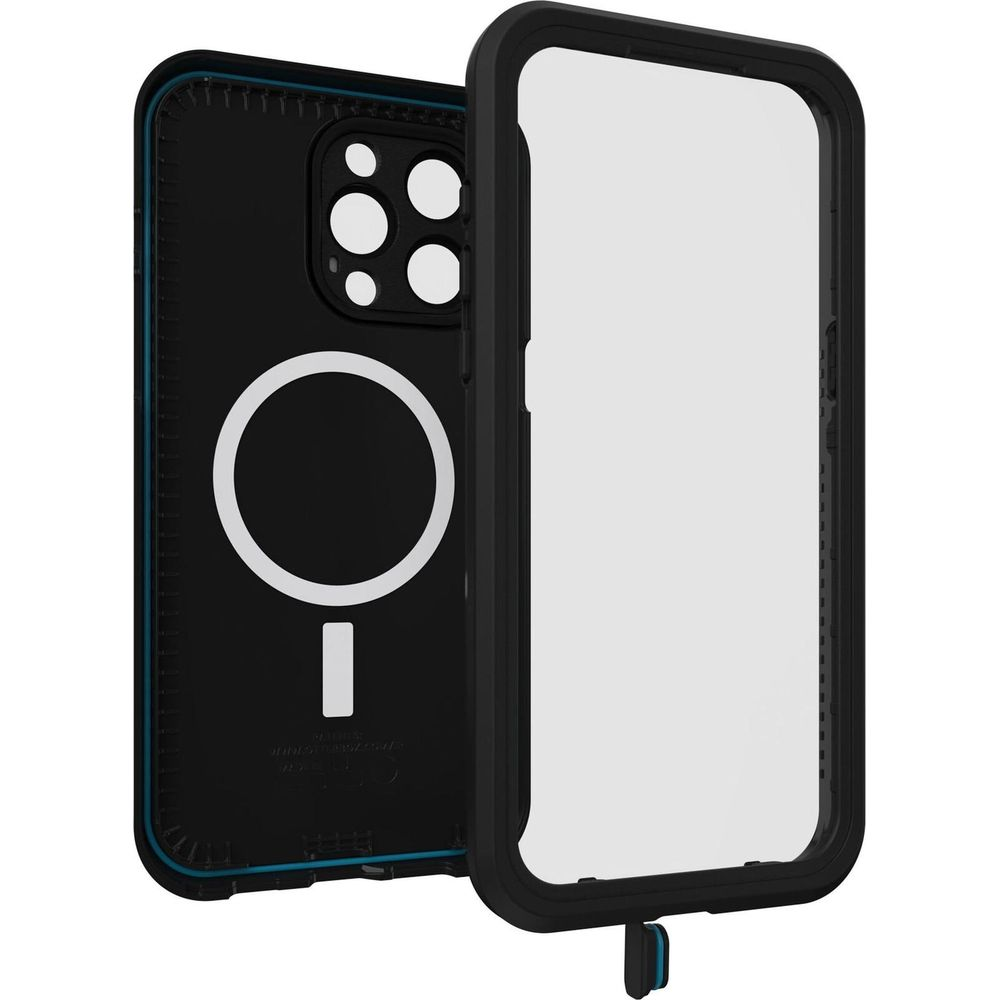 Zwarte telefoonhoes met MagSafe-cirkel en camera's, naast een wit beschermend scherm.