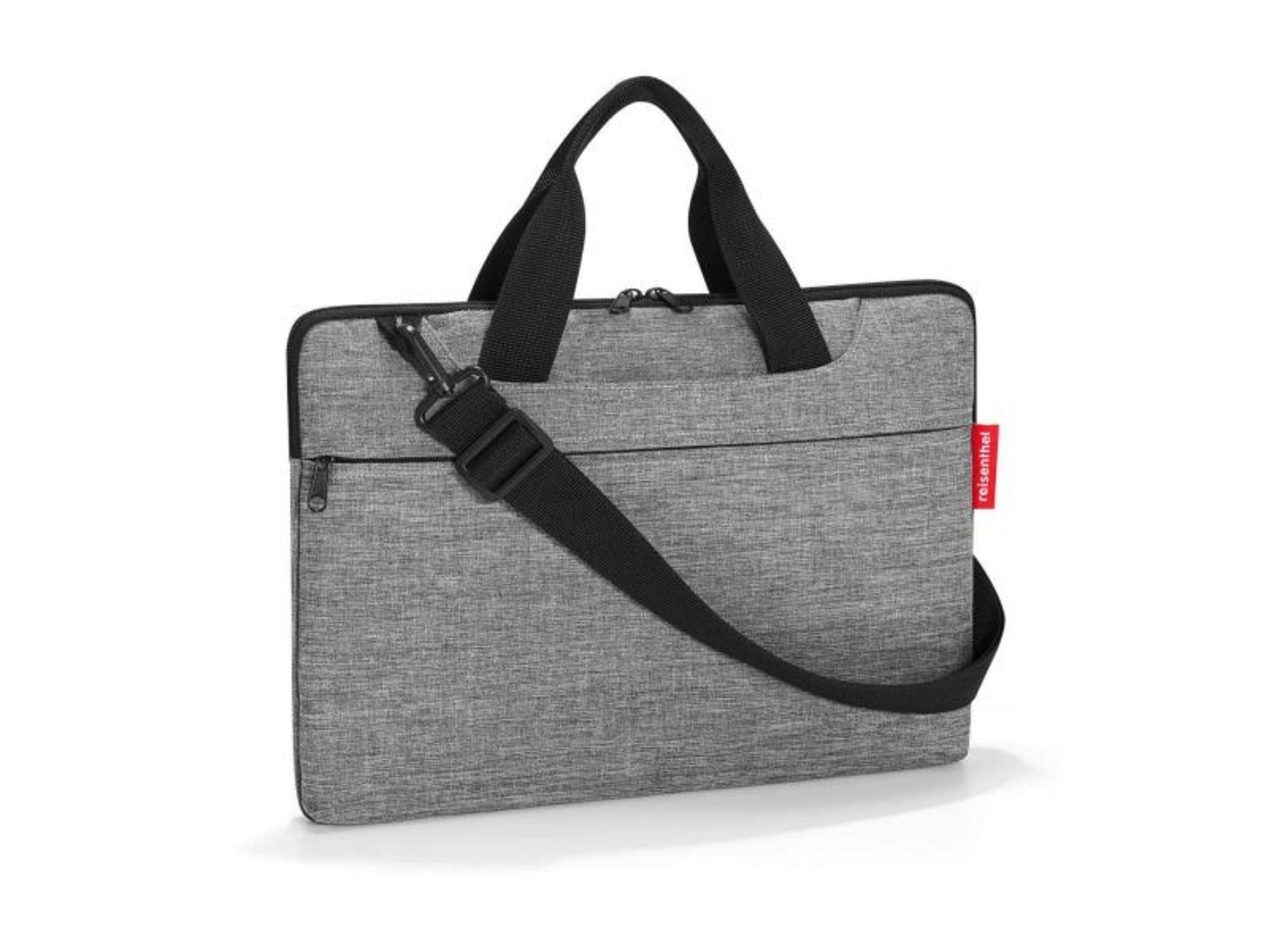 Borsa grigia per laptop con tracolla e manici neri, zip frontale.