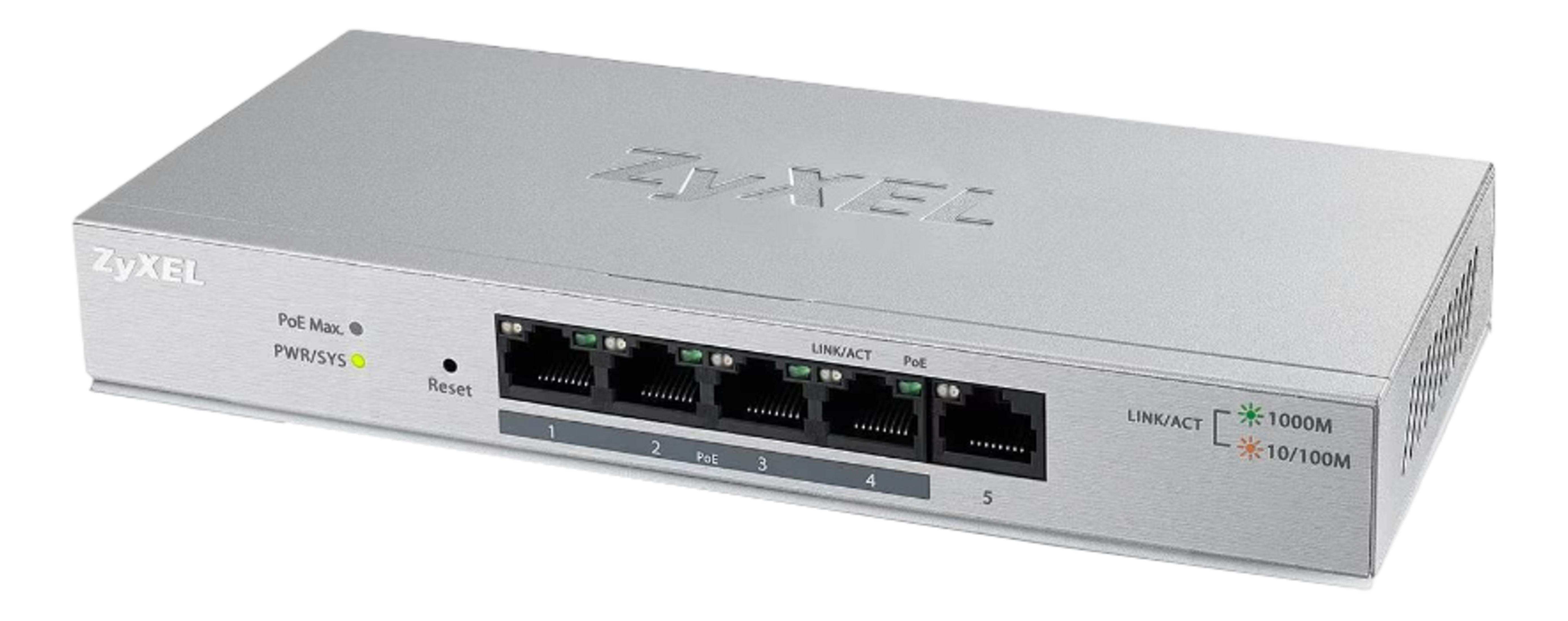Srebrny przełącznik sieciowy ZyXEL z 5 portami.