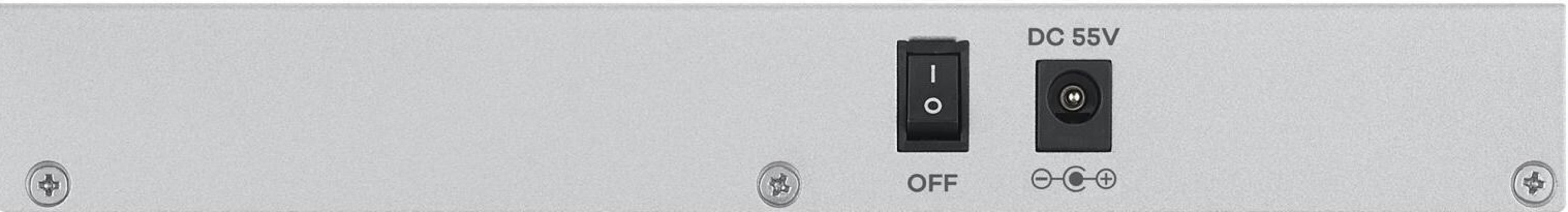 Przełącznik i złącze DC 55V na srebrnej obudowie.