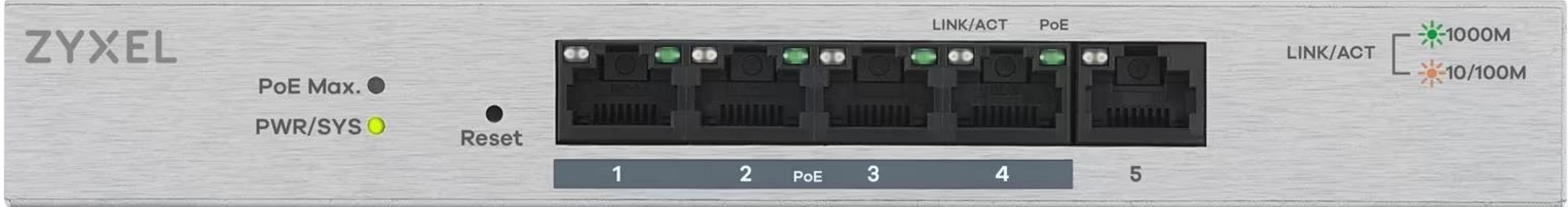 Przełącznik sieciowy Zyxel 5-portowy z diodami LED i przyciskiem reset.