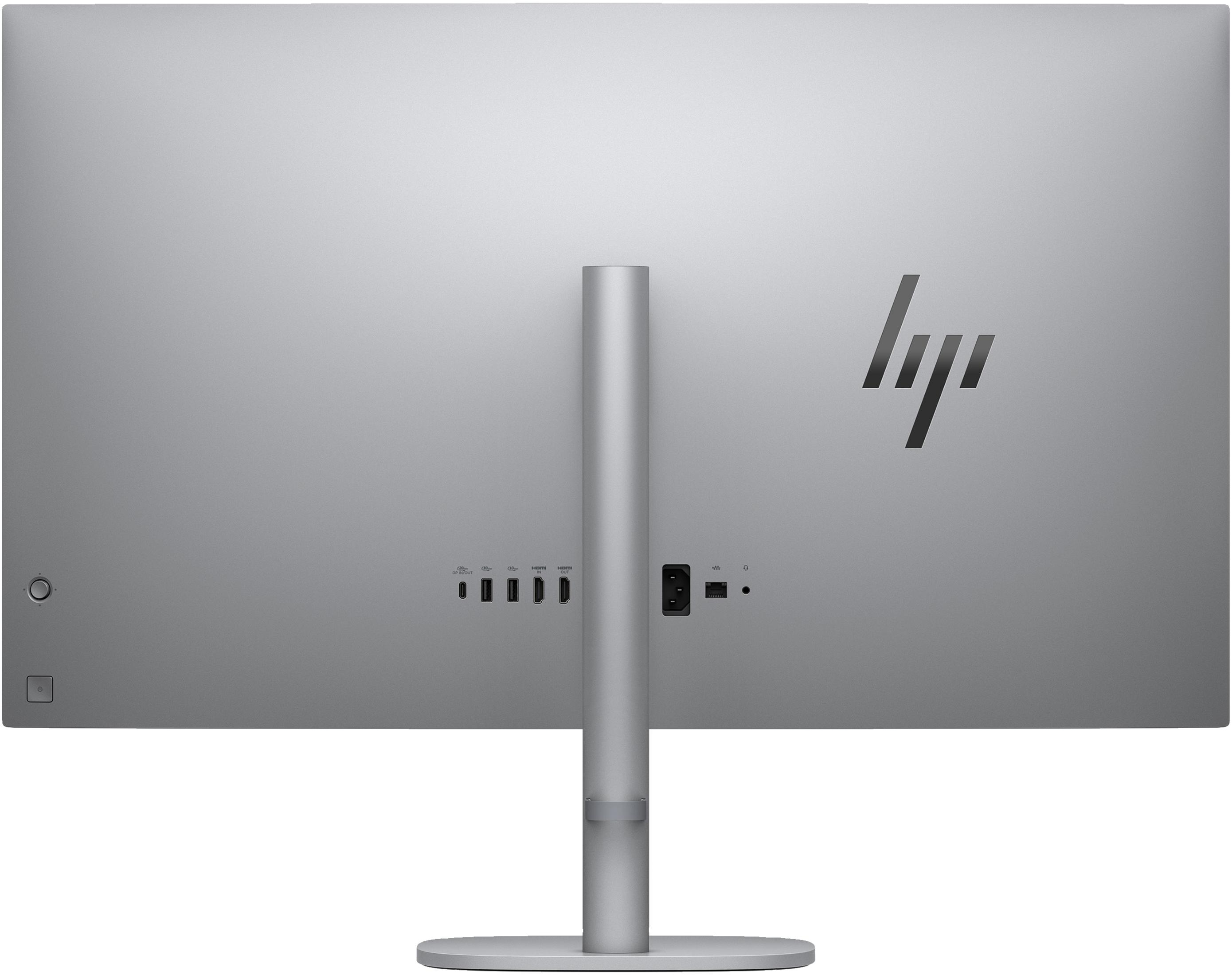Arrière d'un moniteur argenté avec ports et logo HP.