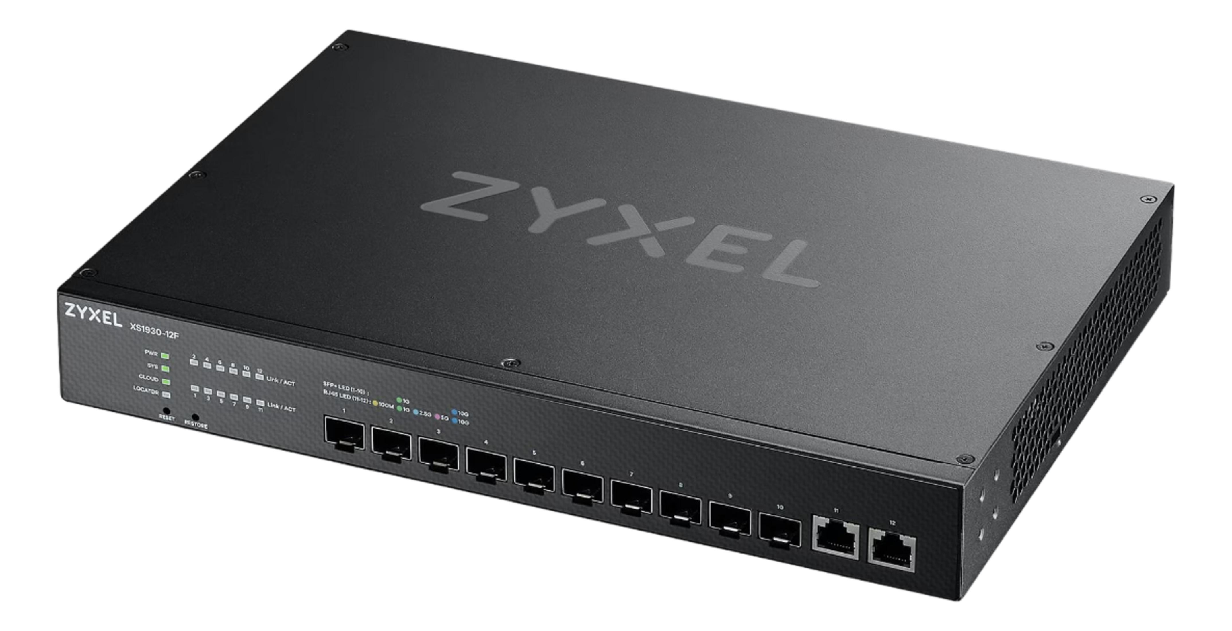 Czarny switch Zyxel XS1930-12F z 12 portami na białym tle.