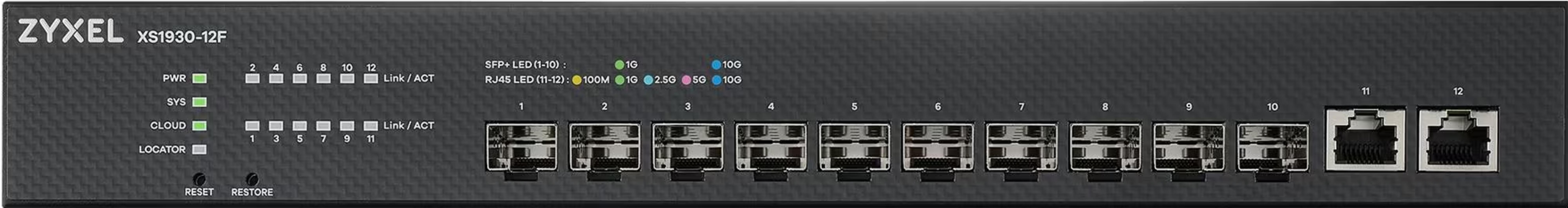 Przełącznik sieciowy Zyxel XS1930-12F z 12 portami i diodami statusu.