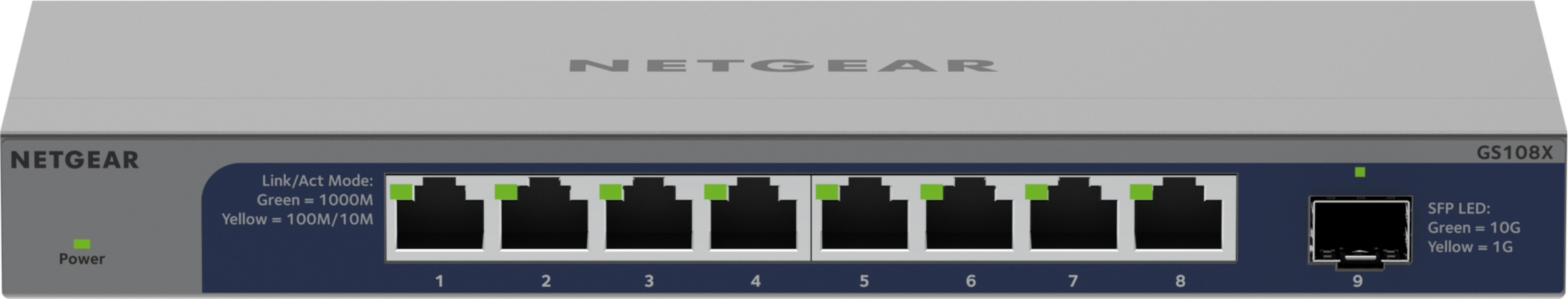 Netgear GS108X Switch mit 8 Ethernet-Ports und 1 SFP-Port. Power- und Link-Lichter sind grün.