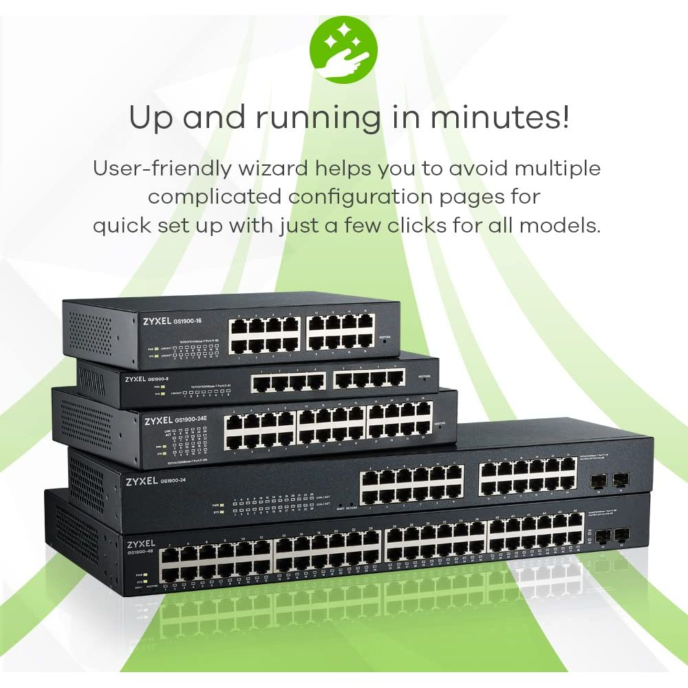 Pięć przełączników sieciowych Zyxel ułożonych w stos, z przodu model 48-portowy.