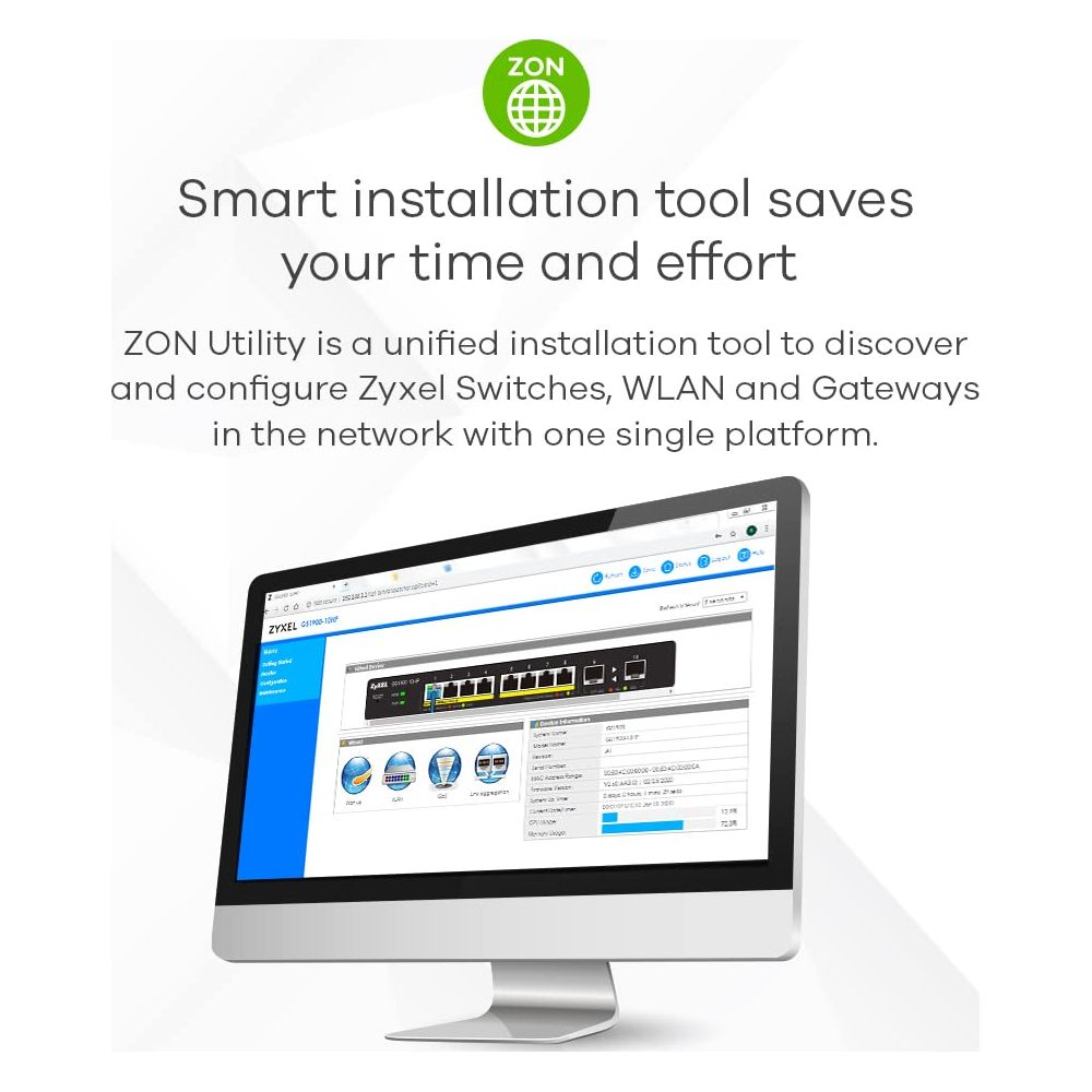 Logo ZON i ekran komputera pokazujący interfejs zarządzania siecią.