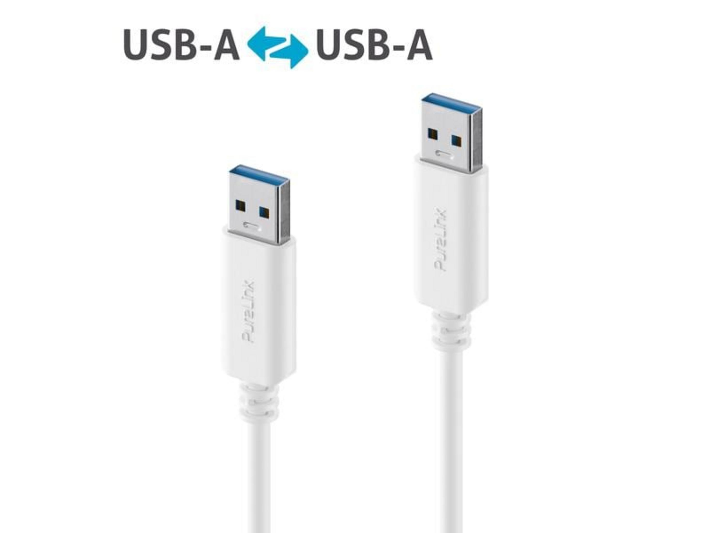 Due cavi USB-A bianchi con connettori argentati su sfondo bianco.