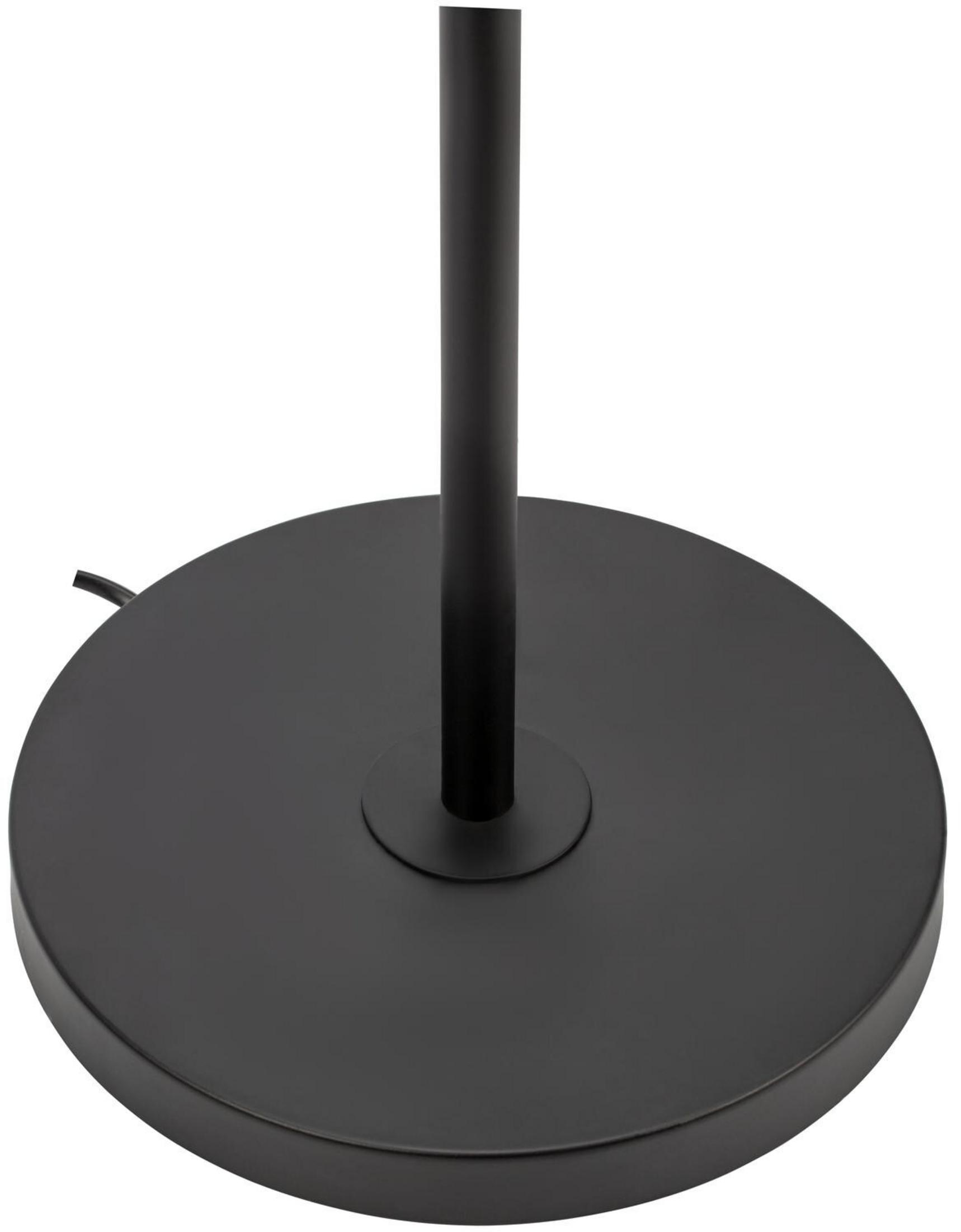 Czarna, okrągła podstawa z pionowym słupkiem. Kabel wychodzi z podstawy.