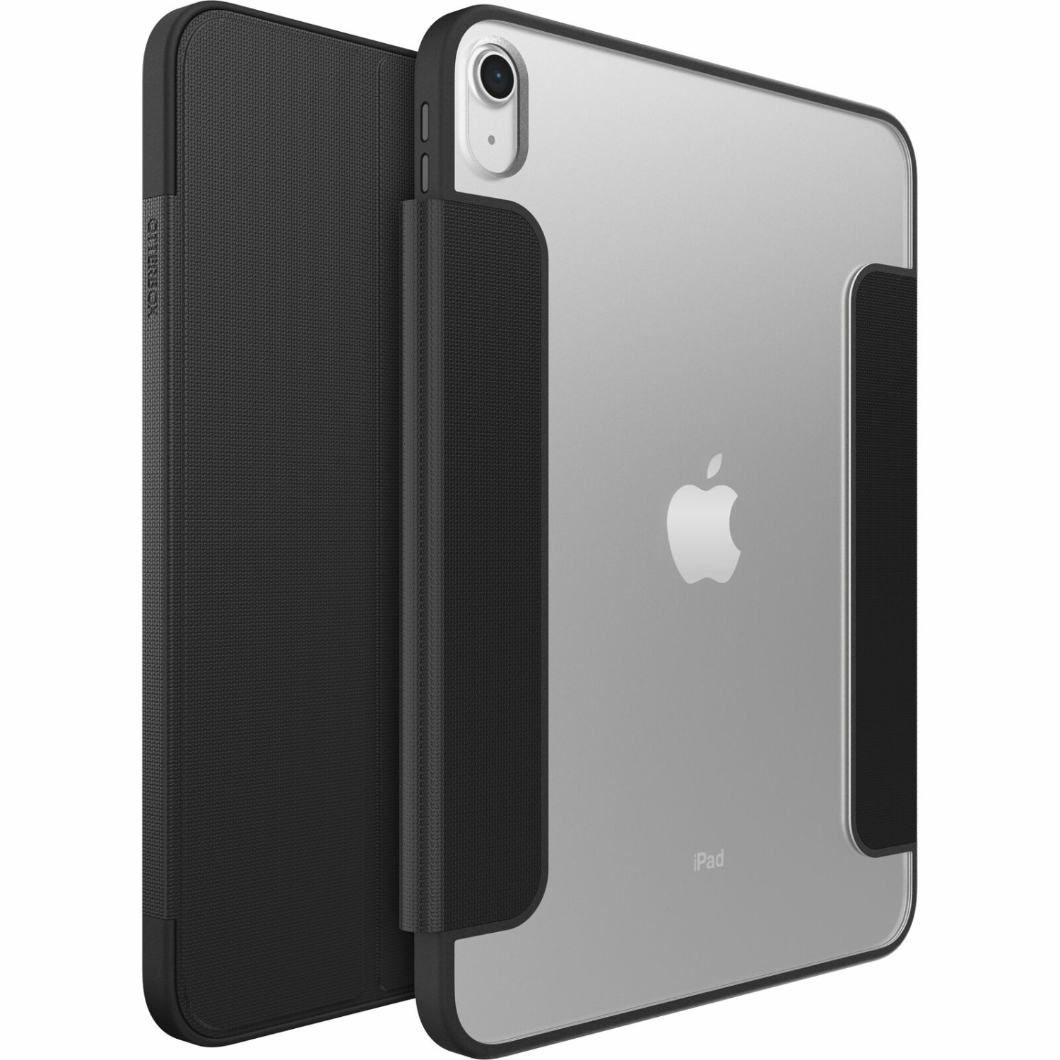Ein schwarzes Tablet mit einer offenen Schutzhülle, die auf der linken Seite sichtbar ist.