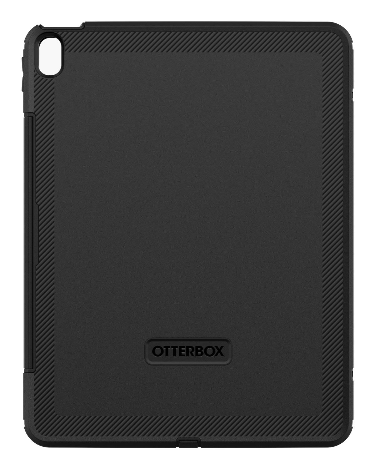 Schwarze Otterbox Hülle für ein Tablet mit Kameraschlitzen und gerändelten Rändern.