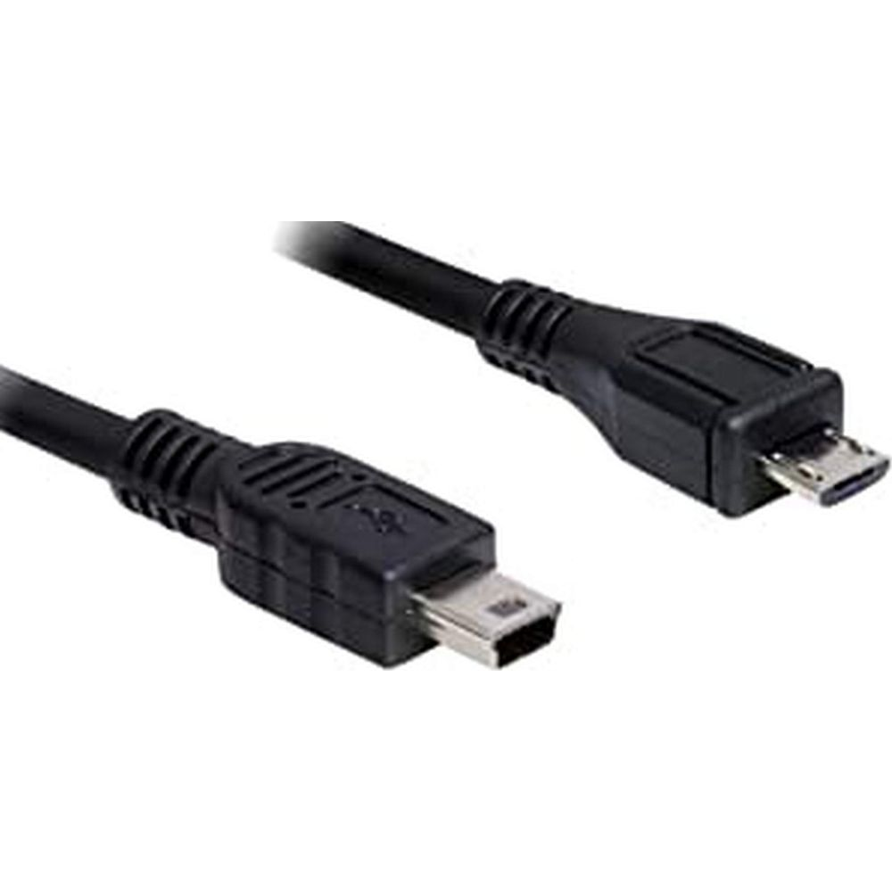 Een zwarte USB-kabel met mini-USB en micro-USB-connectoren.