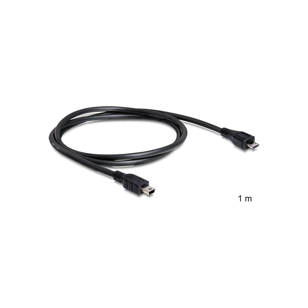 Een zwarte USB-kabel met twee connectoren en een 1 m aanduiding.