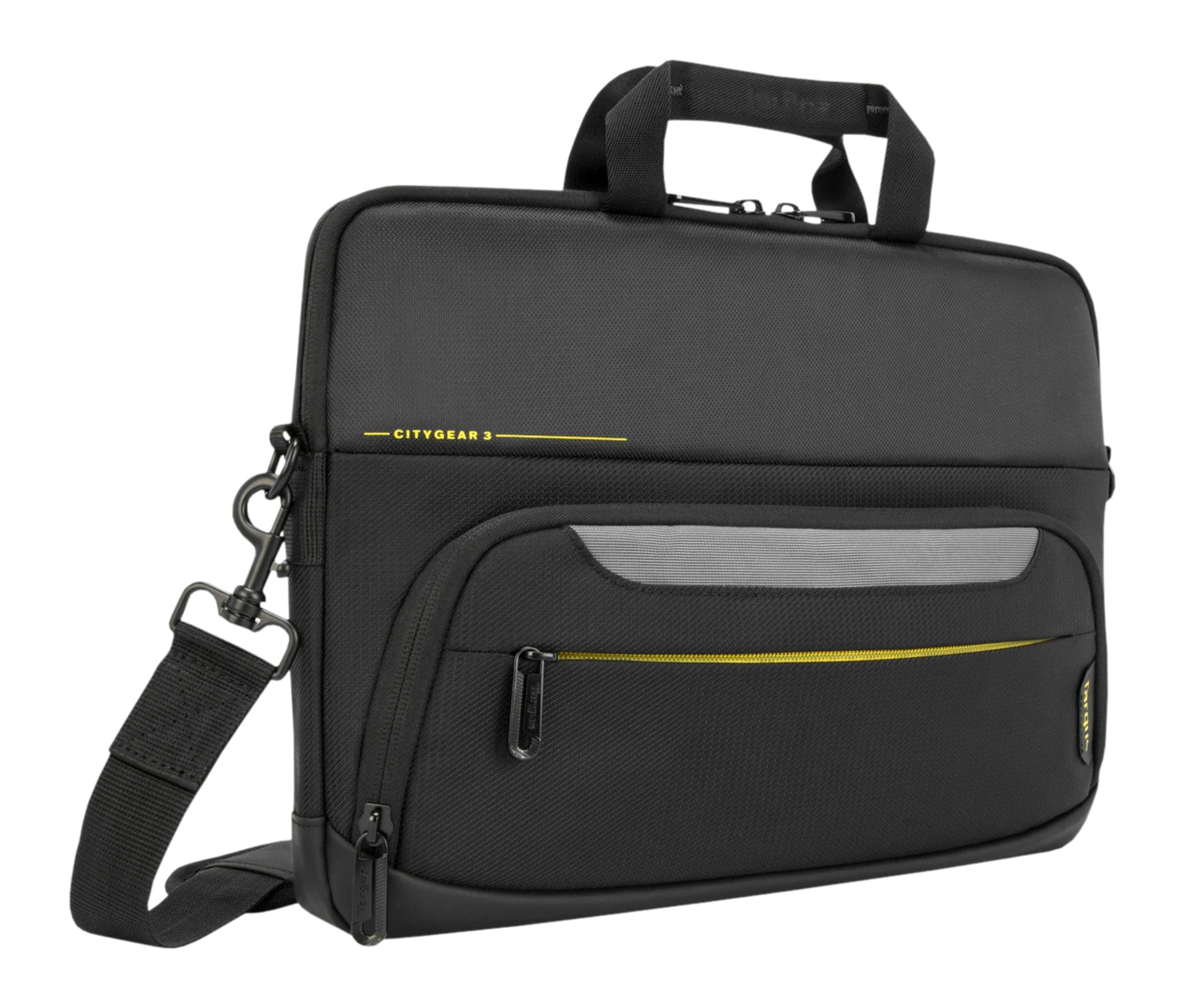 Borsa nera per laptop con manico, tracolla e accenti gialli.